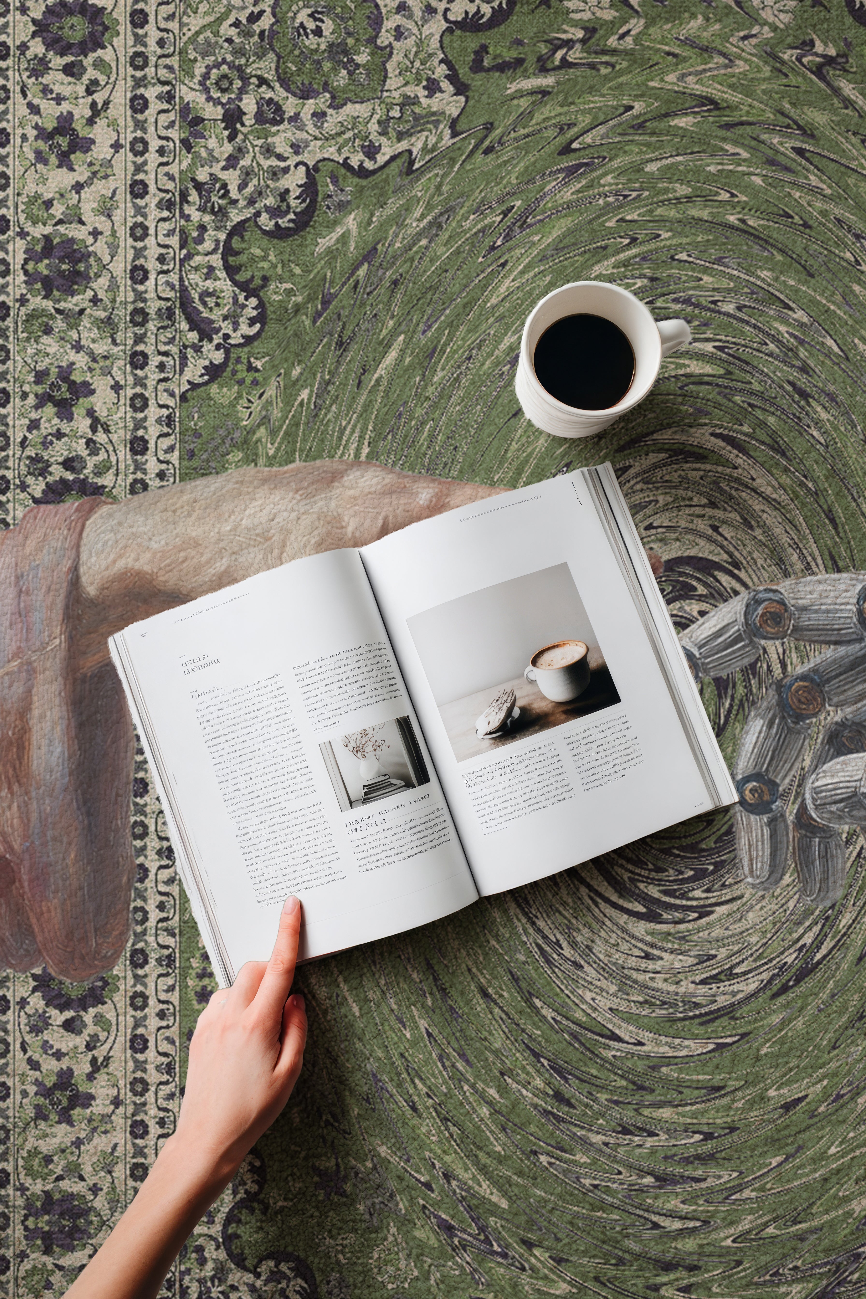 251 Yeşil Vintage Halı Robot El Figürlü Yıkanabilir Halı İnce Oturma Odası Salon Halısı