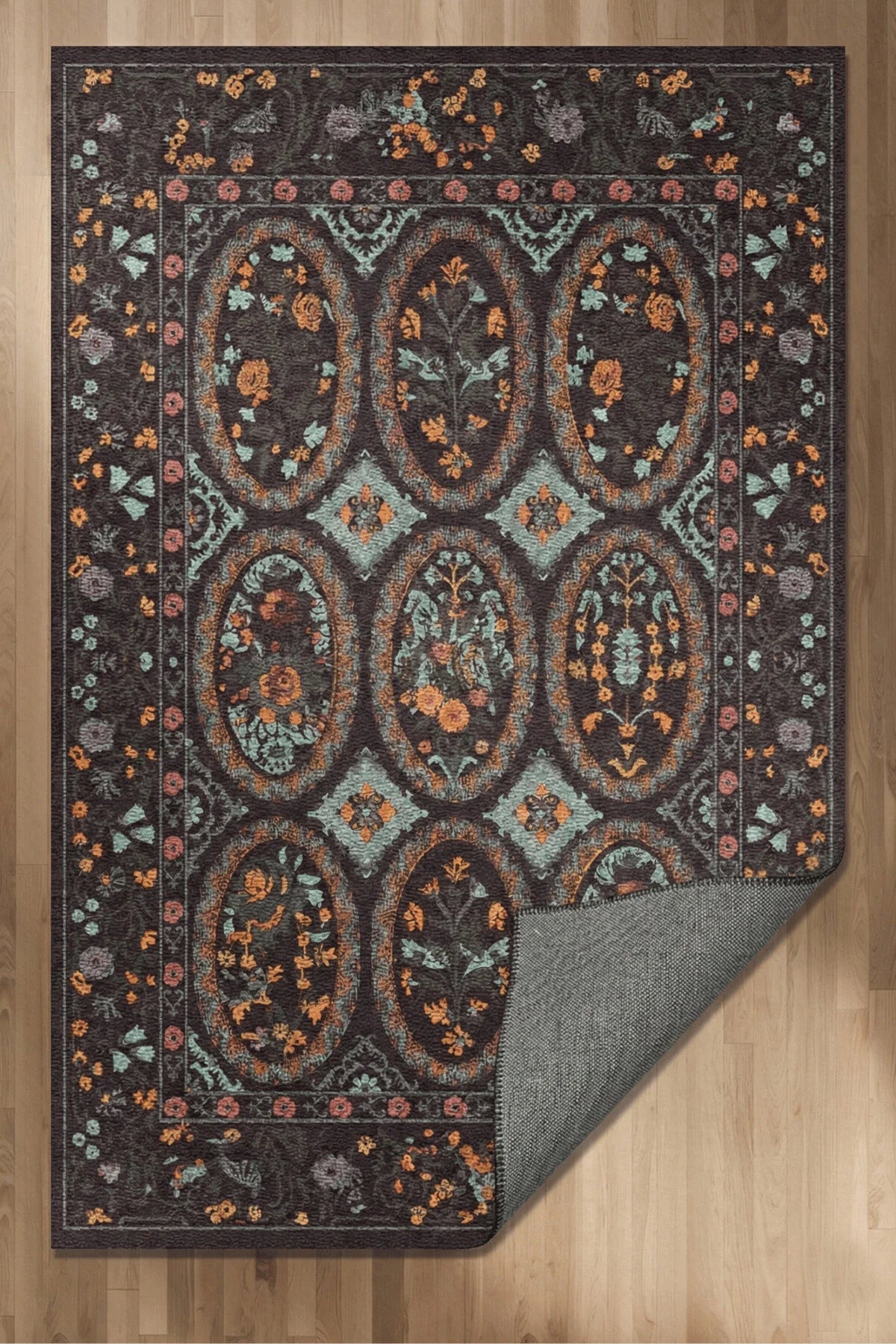 Floris 234 Antrasit Gri Pembe Çiçekli Bordürlü Eskitme Desenli Dokuma Şönil Bohem Vintage Oda Halısı