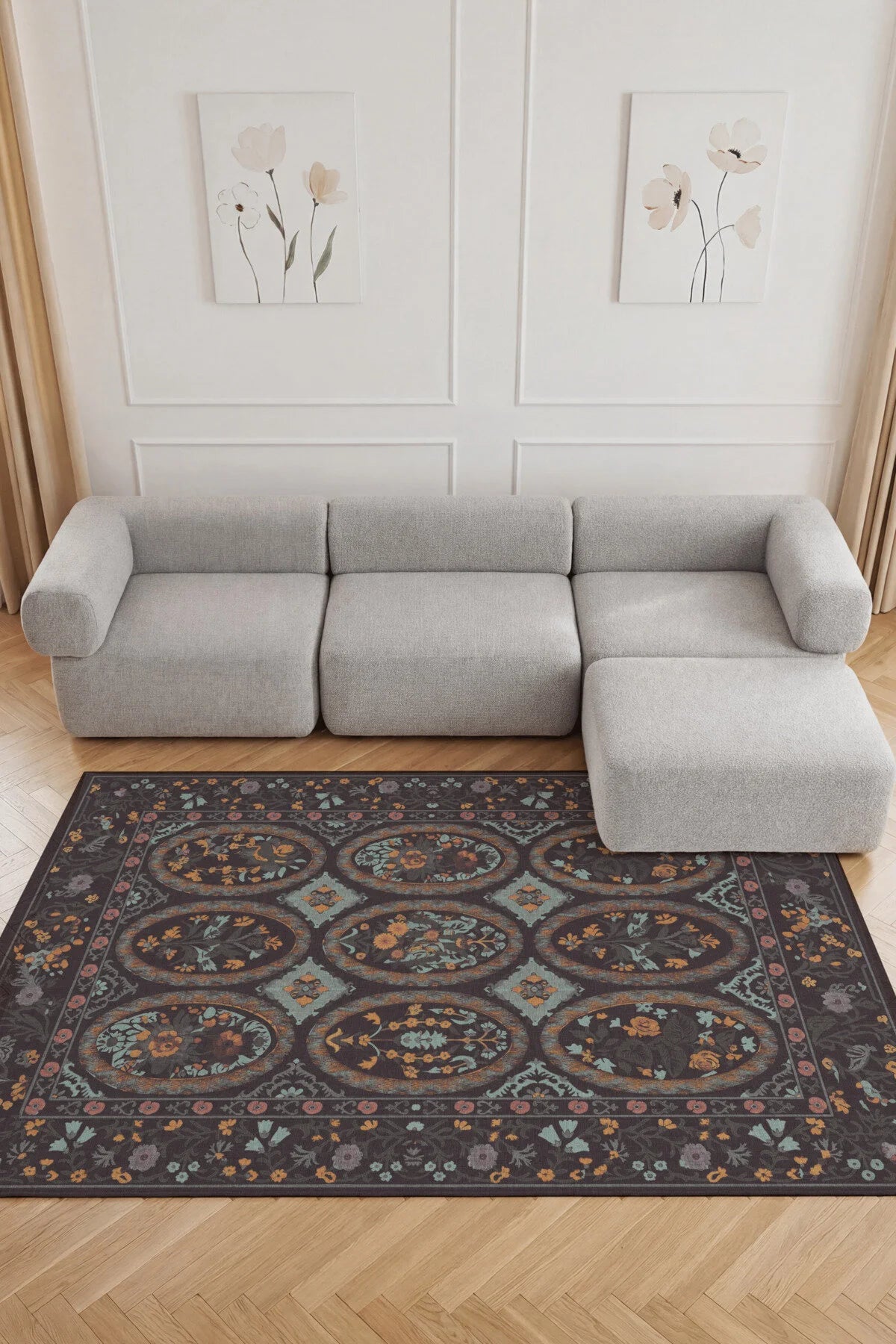 Floris 234 Antrasit Gri Pembe Çiçekli Bordürlü Eskitme Desenli Dokuma Şönil Bohem Vintage Oda Halısı