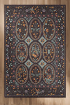 Floris 234 Antrasit Gri Pembe Çiçekli Bordürlü Eskitme Desenli Dokuma Şönil Bohem Vintage Oda Halısı