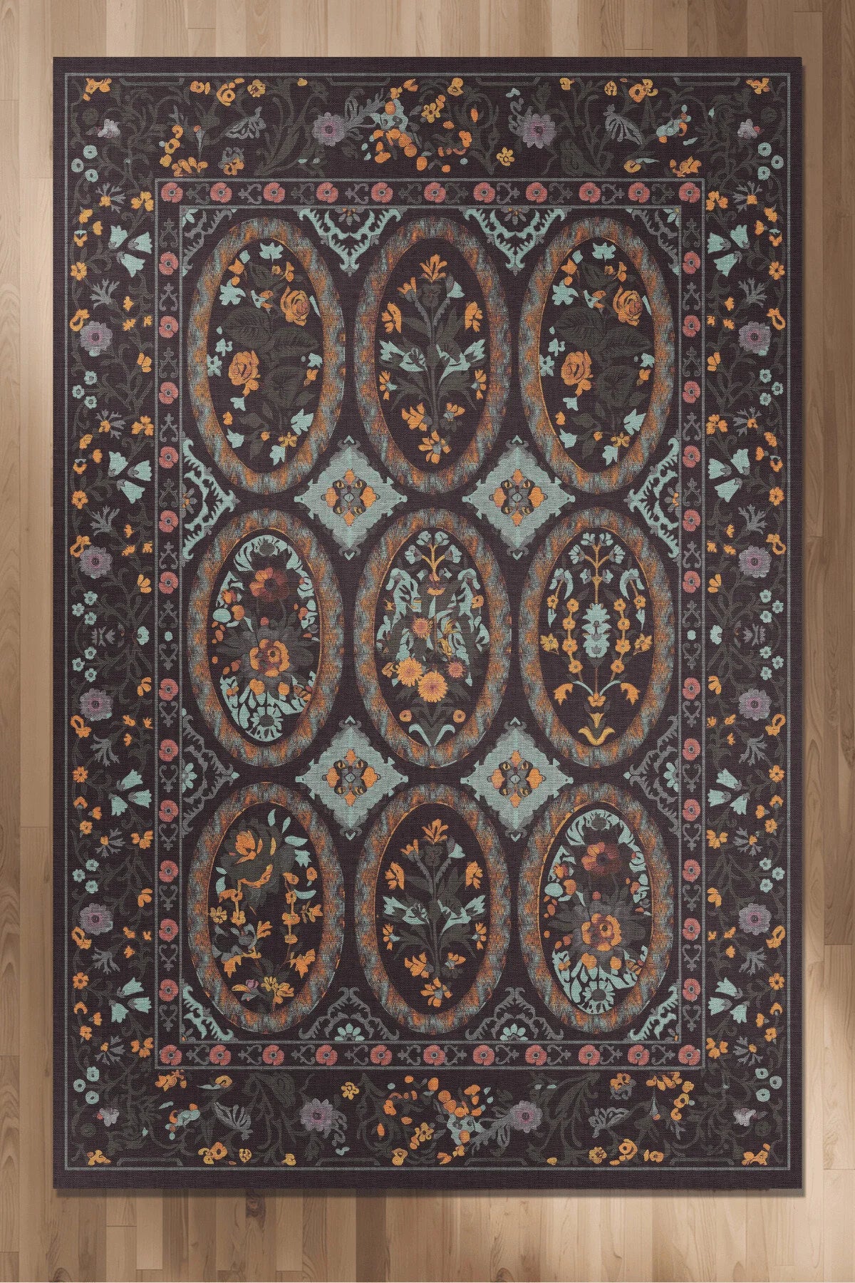 Floris 234 Antrasit Gri Pembe Çiçekli Bordürlü Eskitme Desenli Dokuma Şönil Bohem Vintage Oda Halısı