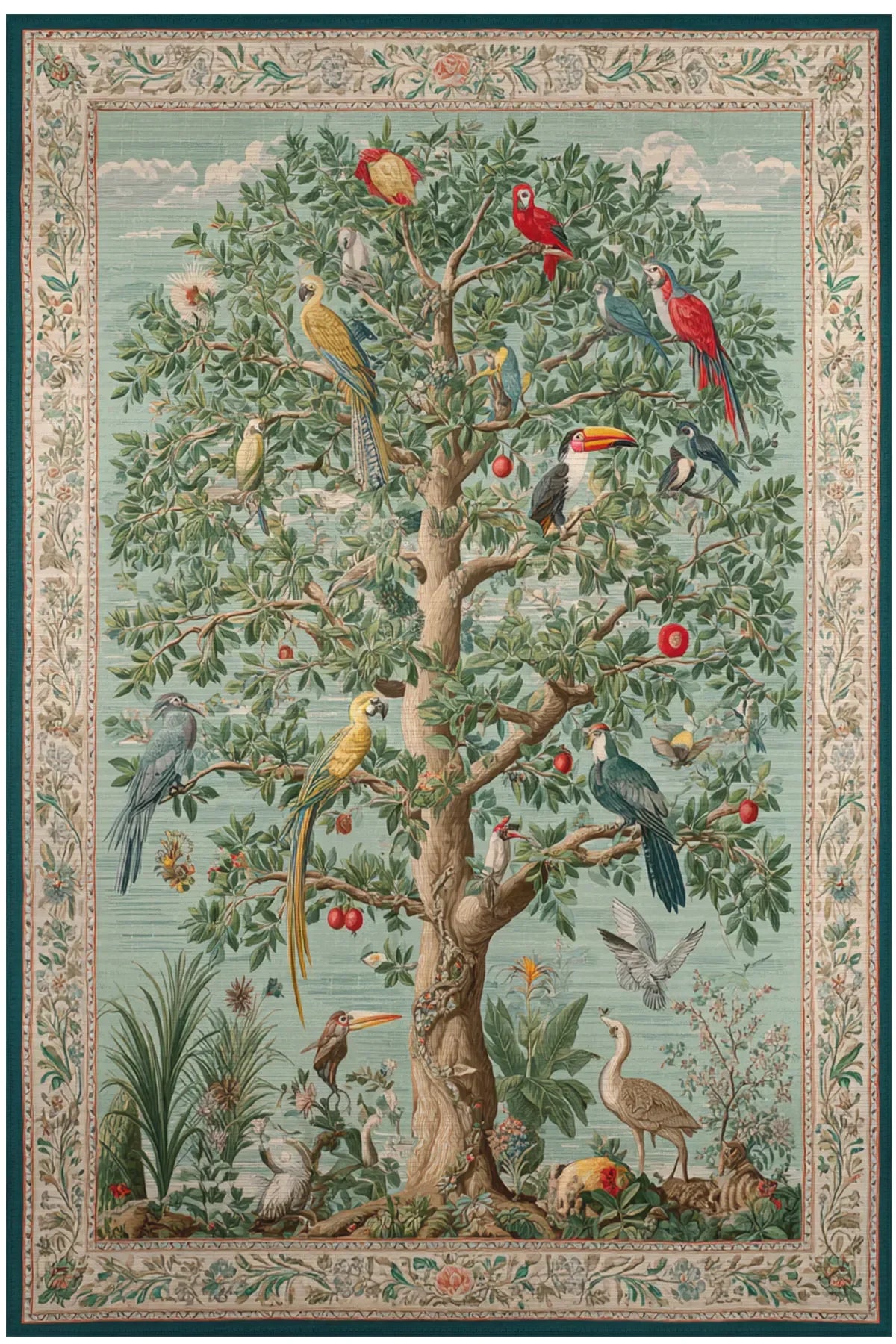 Rafel 900 Ağaç Botanik Çiçekli Halı Yıkanabilir İnce Dokuma Taban Yolluk Salon Oturma Odası Halısı