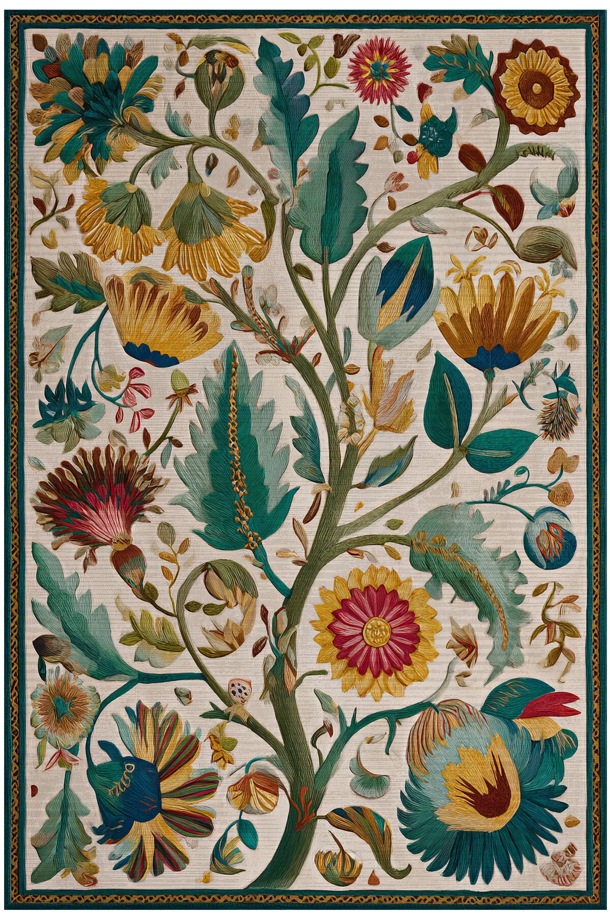 Garden 804 Bej Halı Renkli Çiçekli Halı Yıkanabilir Dokuma Taban İnce Halı Oturma Odası Salon Halısı