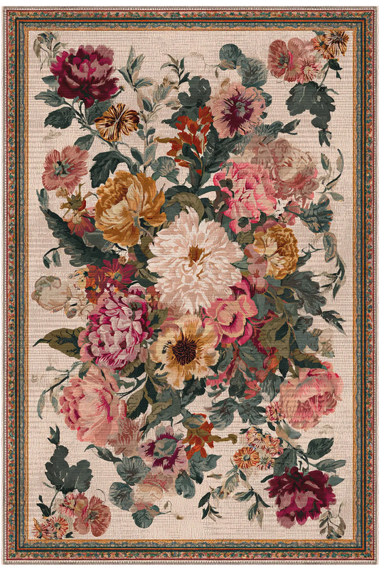 Fiora 205 Bej Çok Renkli Çiçekli Modern Bordürlü Halı İnce Kilim Halı Hol Yolluk Ev Oda Salon Halısı