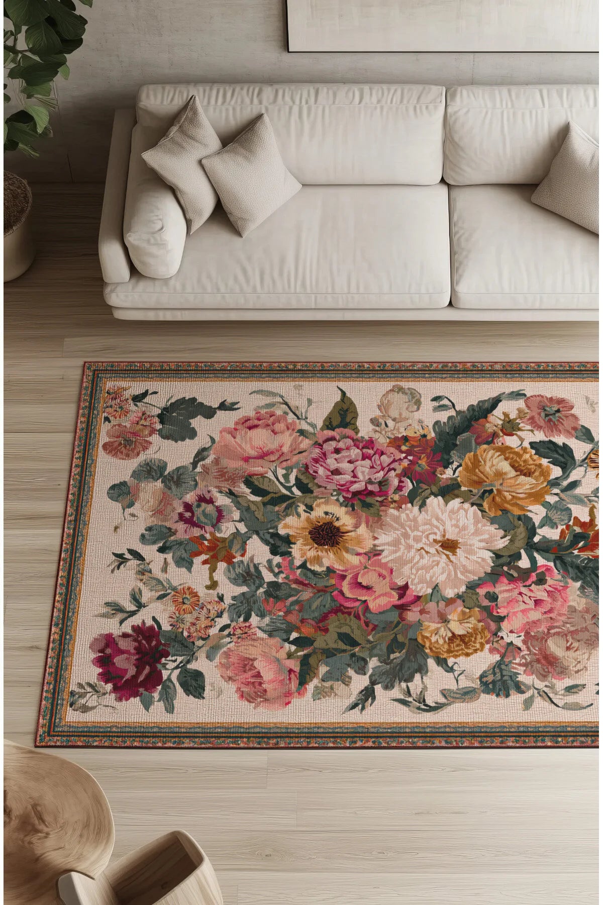 Fiora 205 Bej Çok Renkli Çiçekli Modern Bordürlü Halı İnce Kilim Halı Hol Yolluk Ev Oda Salon Halısı