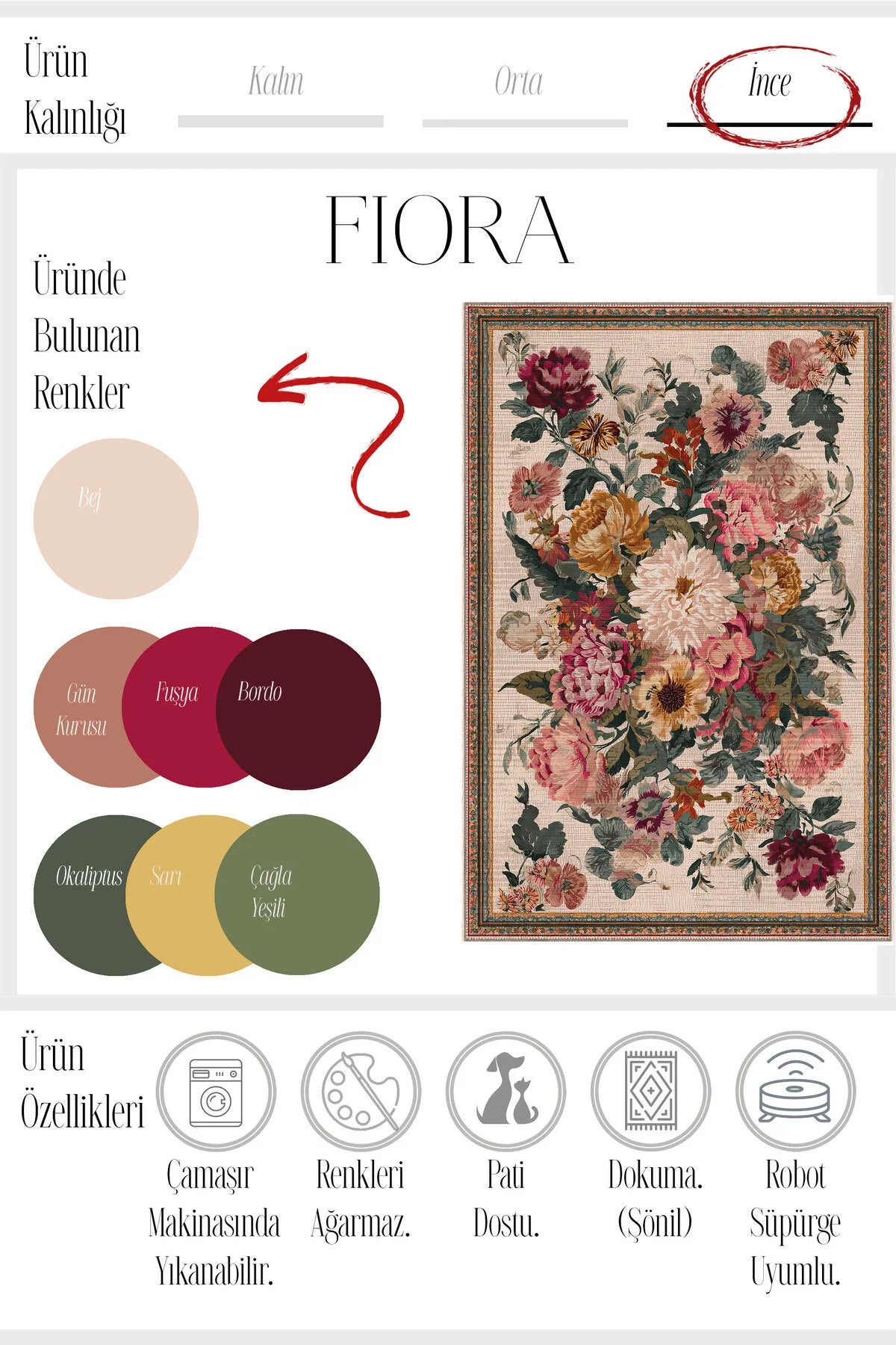 Fiora 205 Bej Çok Renkli Çiçekli Modern Bordürlü Halı İnce Kilim Halı Hol Yolluk Ev Oda Salon Halısı