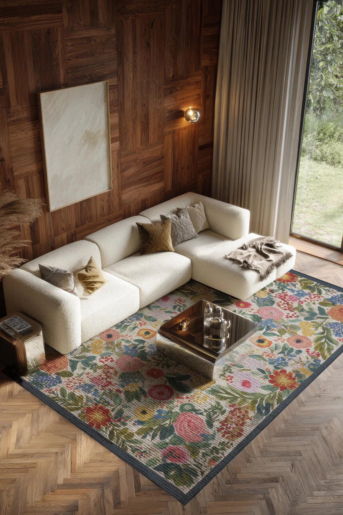 Fiora 222 Lacivert Bej Çiçekli Halı Yıkanabilir Halı İnce Kilim Halı Hol Yolluk Ev Oda Salon Halısı