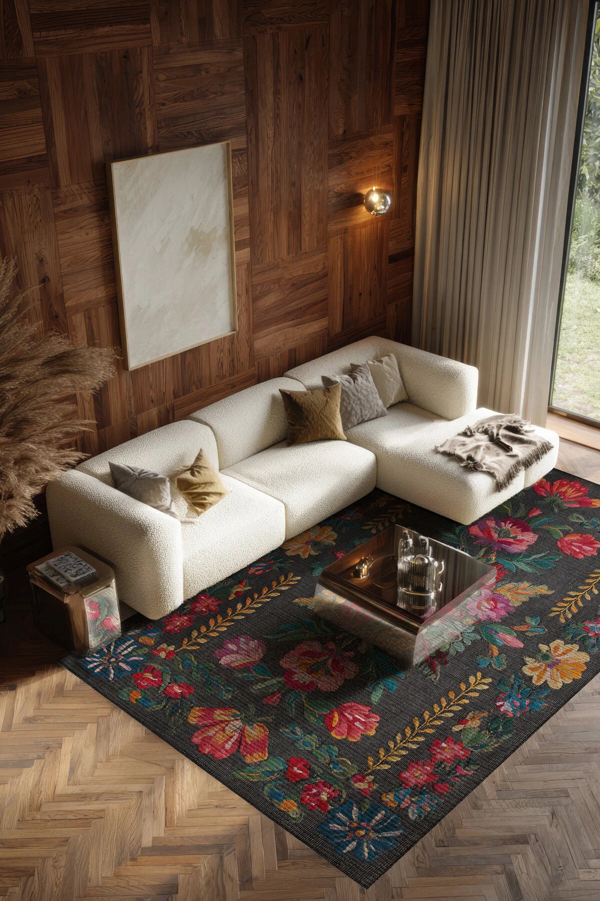 Fiora 206 Siyah Renkli Çiçekli Modern Halı Tasarım İnce Kilim Halı Hol Yolluk Ev Oda Salon Halısı