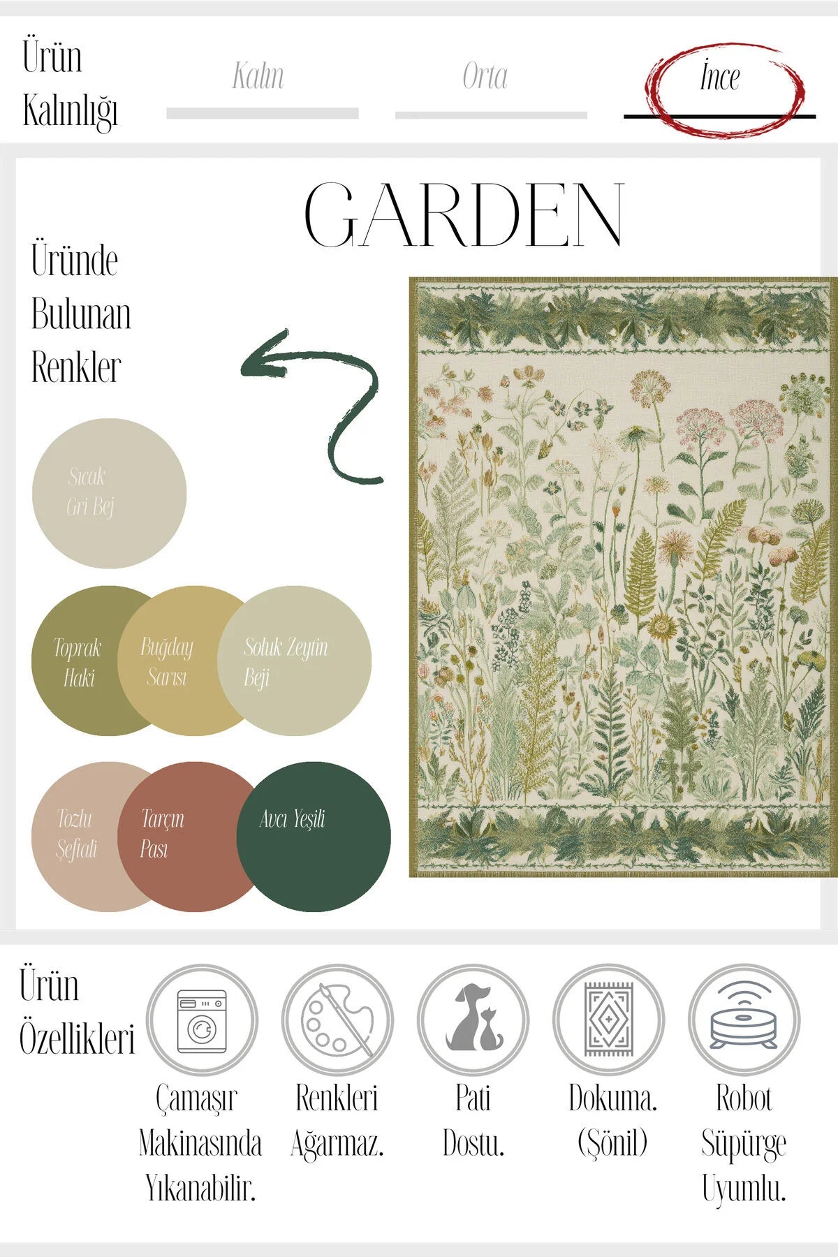 Garden 809 Yeşil Bej Botanik Çiçekli Halı Yıkanabilir Kolay Temizlenen Dokuma Taban İnce Halı