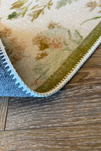 Garden 809 Yeşil Bej Botanik Çiçekli Halı Yıkanabilir Kolay Temizlenen Dokuma Taban İnce Halı