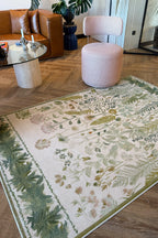 Garden 809 Yeşil Bej Botanik Çiçekli Halı Yıkanabilir Kolay Temizlenen Dokuma Taban İnce Halı