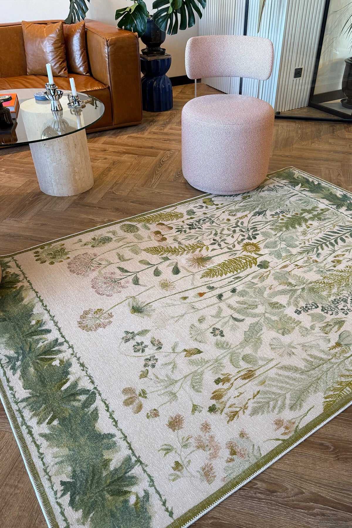 Garden 809 Yeşil Bej Botanik Çiçekli Halı Yıkanabilir Kolay Temizlenen Dokuma Taban İnce Halı