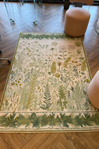 Garden 809 Yeşil Bej Botanik Çiçekli Halı Yıkanabilir Kolay Temizlenen Dokuma Taban İnce Halı