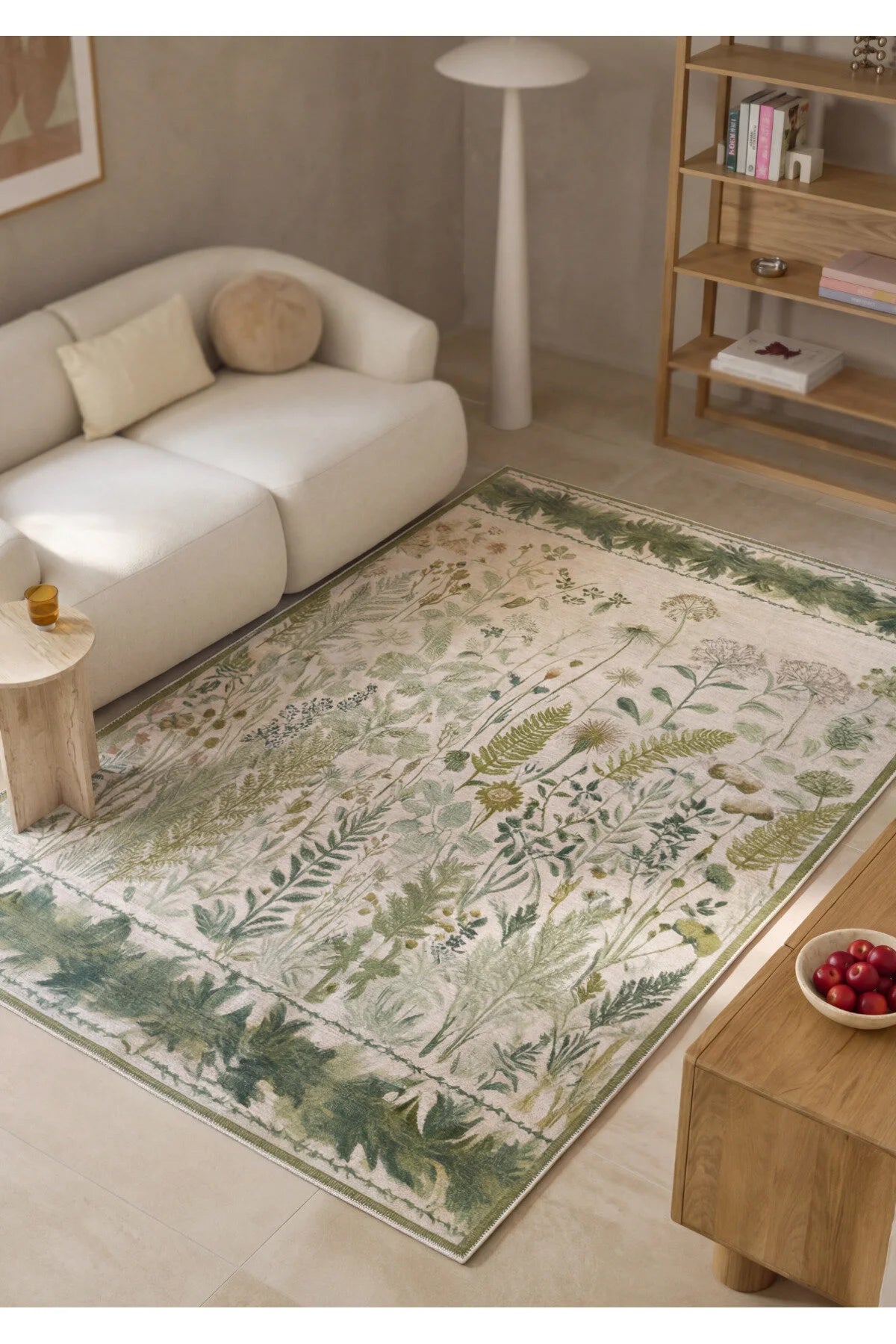 Garden 809 Yeşil Bej Botanik Çiçekli Halı Yıkanabilir Kolay Temizlenen Dokuma Taban İnce Halı