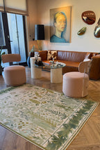 Garden 809 Yeşil Bej Botanik Çiçekli Halı Yıkanabilir Kolay Temizlenen Dokuma Taban İnce Halı