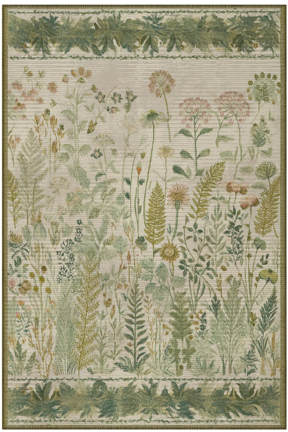 Garden 809 Yeşil Bej Botanik Çiçekli Halı Yıkanabilir Kolay Temizlenen Dokuma Taban İnce Halı