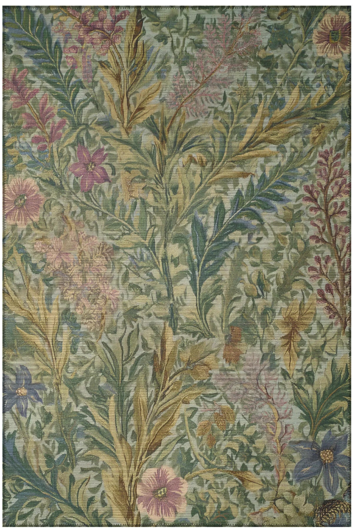 Garden 807 Yeşil Çiçekli Vintage Halı Yıkanabilir Dokuma Taban İnce Halı Oturma Odası Salon Halısı