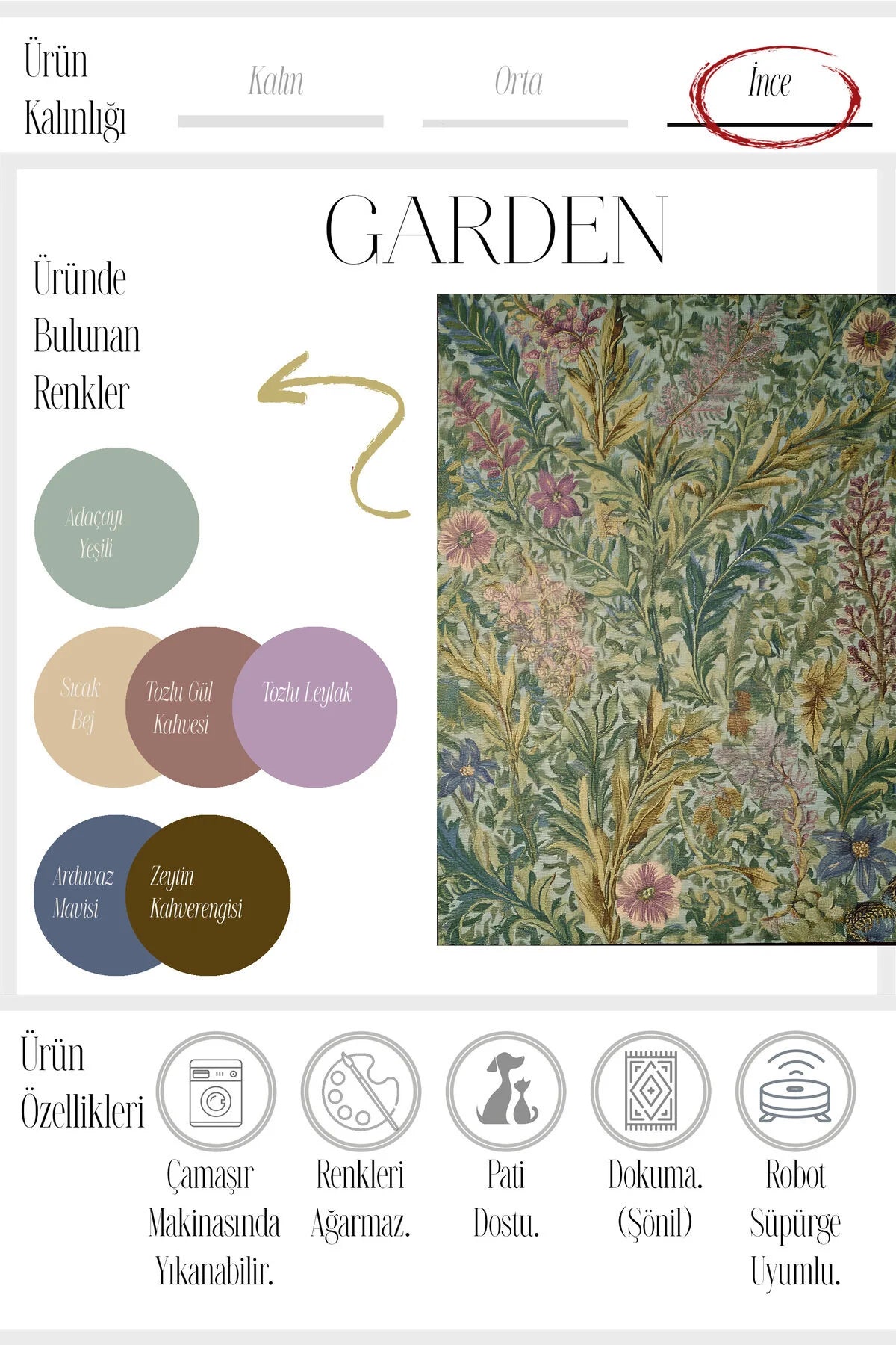 Garden 807 Yeşil Çiçekli Vintage Halı Yıkanabilir Dokuma Taban İnce Halı Oturma Odası Salon Halısı