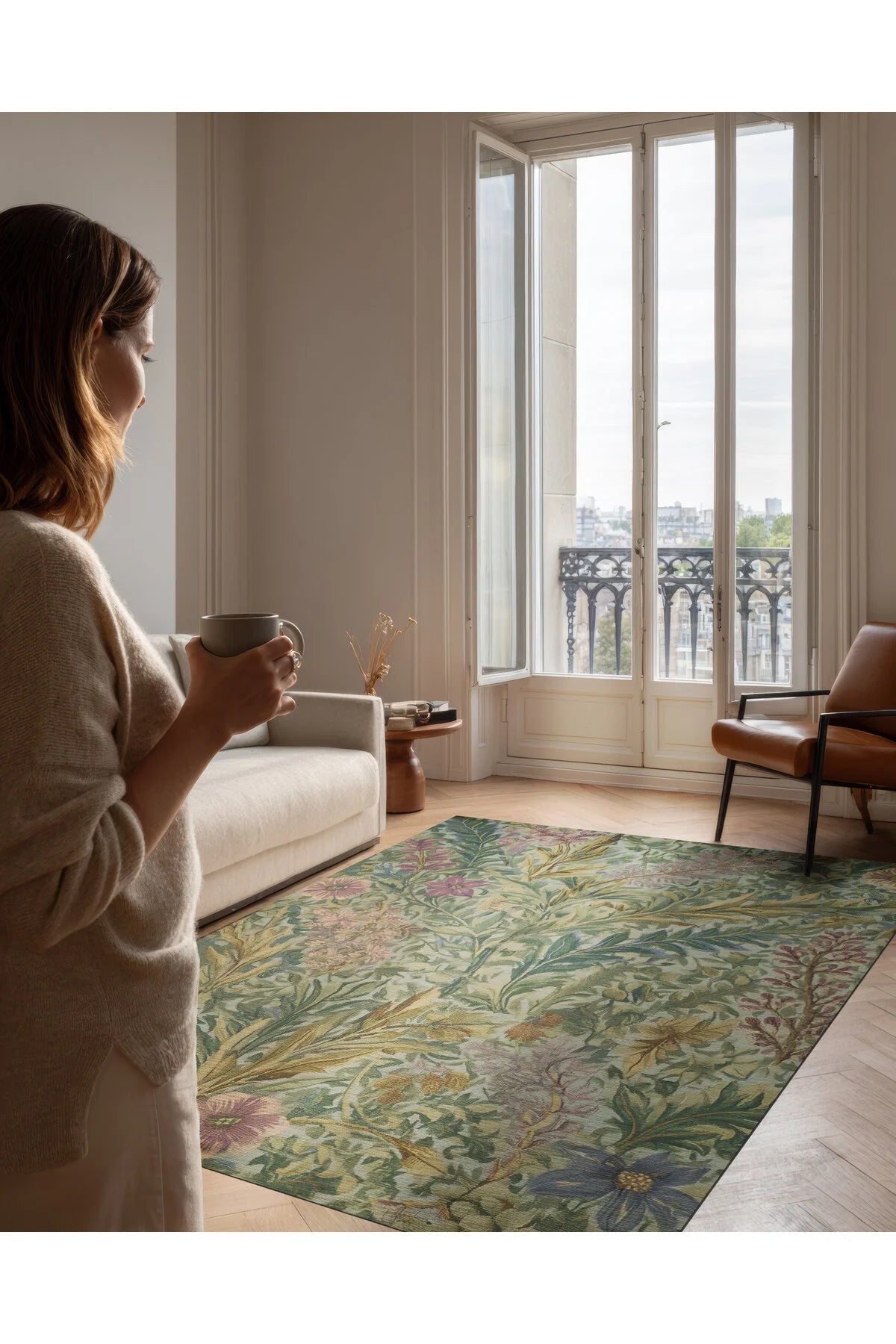 Garden 807 Yeşil Çiçekli Vintage Halı Yıkanabilir Dokuma Taban İnce Halı Oturma Odası Salon Halısı