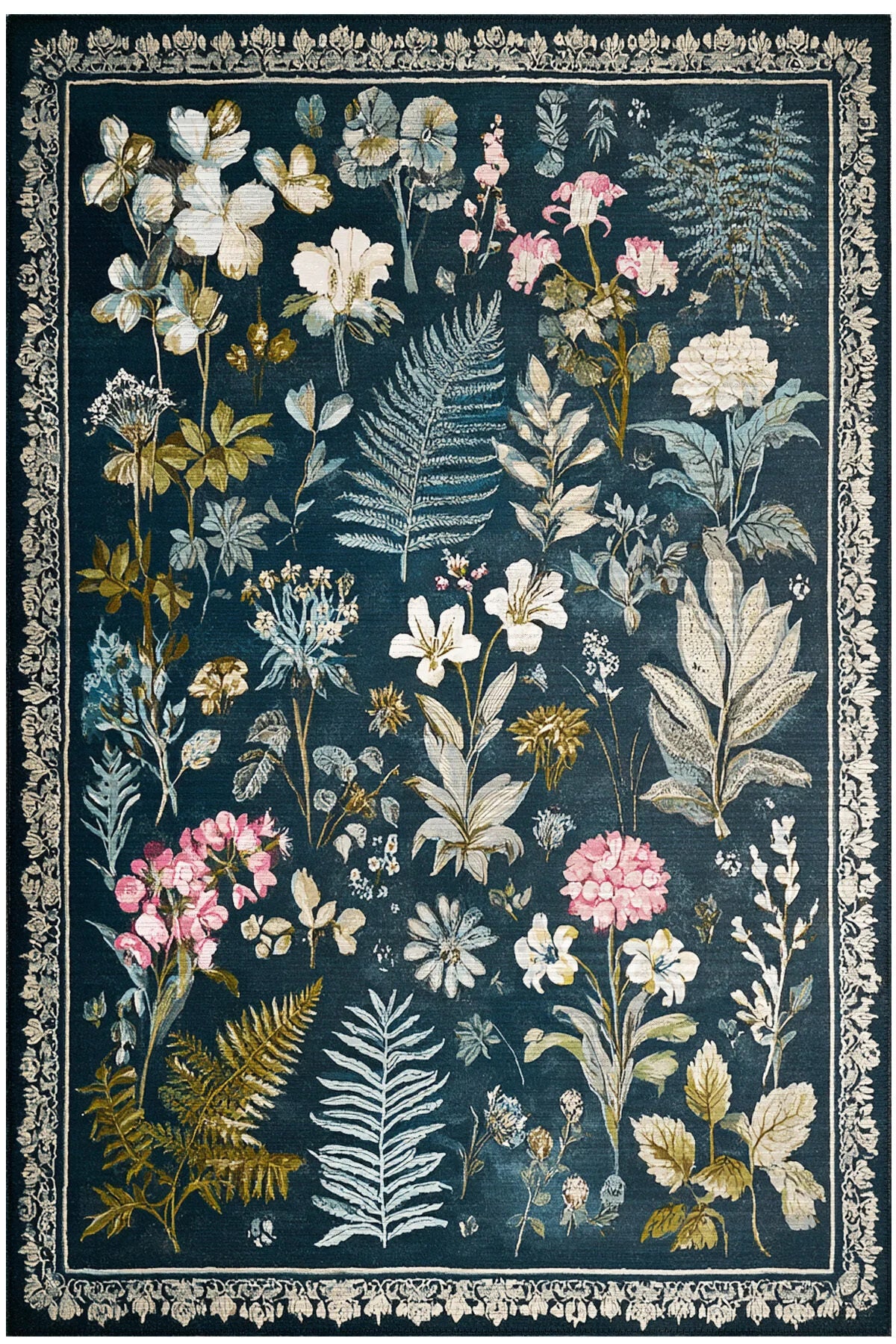 Garden 817 Lacivert Botanik Çiçekli Halı Yıkanabilir İnce Dokuma Taban Salon Oturma Odası Halısı