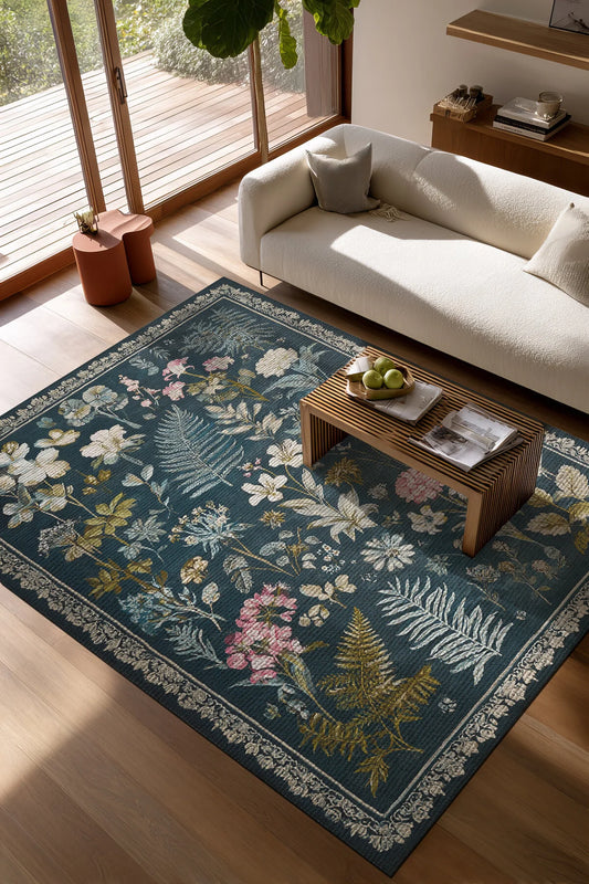 Garden 817 Lacivert Botanik Çiçekli Halı Yıkanabilir İnce Dokuma Taban Salon Oturma Odası Halısı