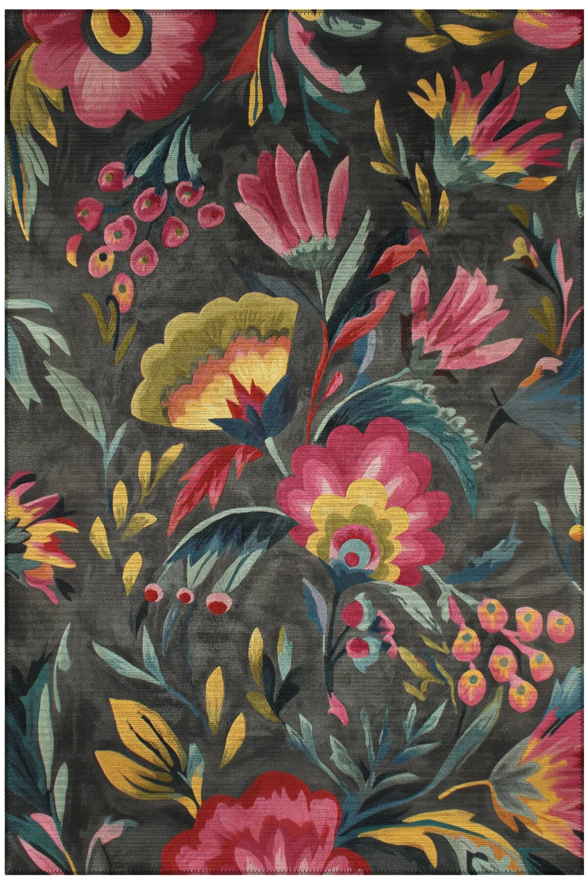 Garden 802 Gri Pembe Çiçekli Halı Tasarım Yıkanabilir İnce Halı Mutfak Oturma Odası Salon Halısı