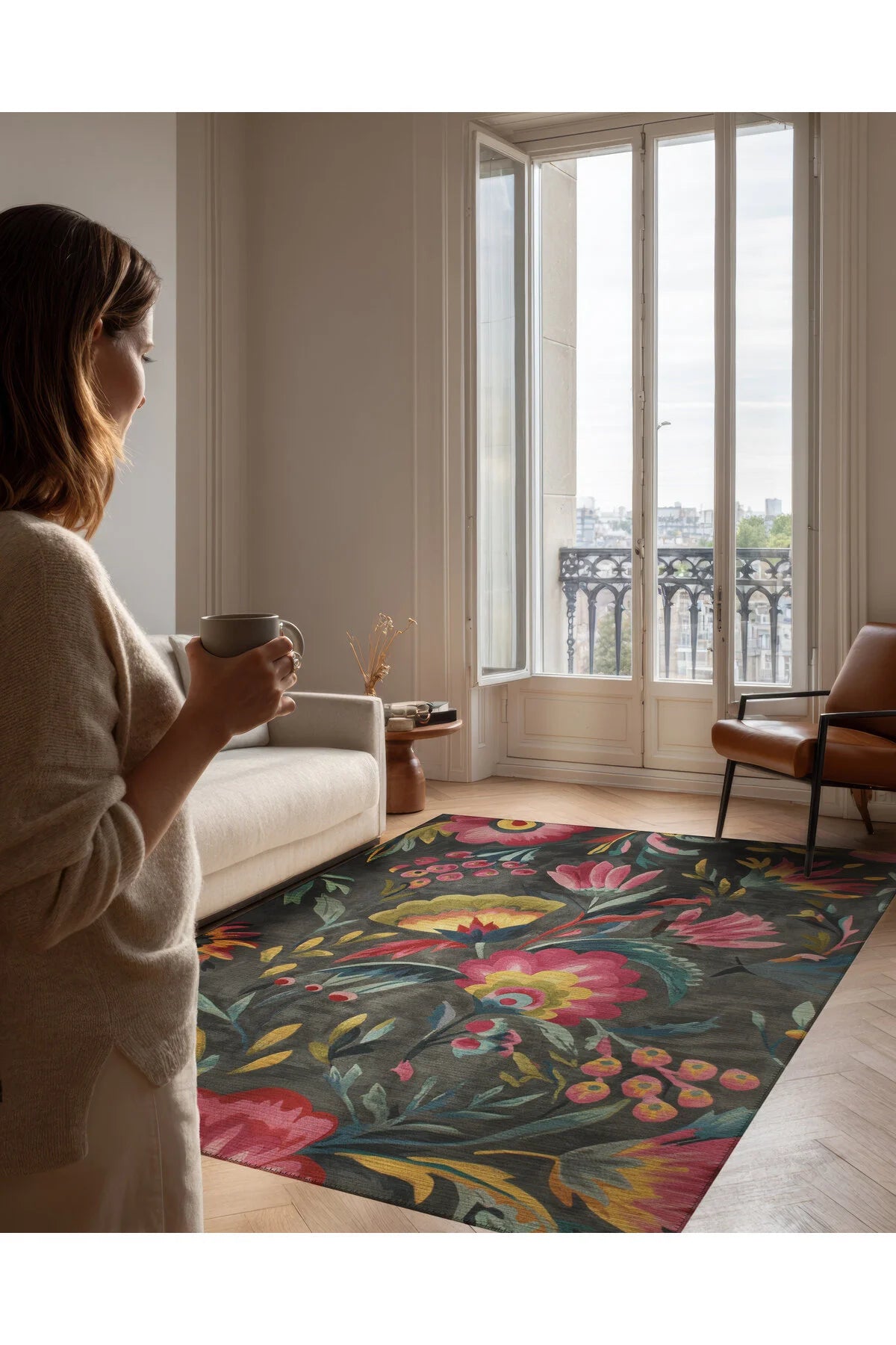 Garden 802 Gri Pembe Çiçekli Halı Tasarım Yıkanabilir İnce Halı Mutfak Oturma Odası Salon Halısı