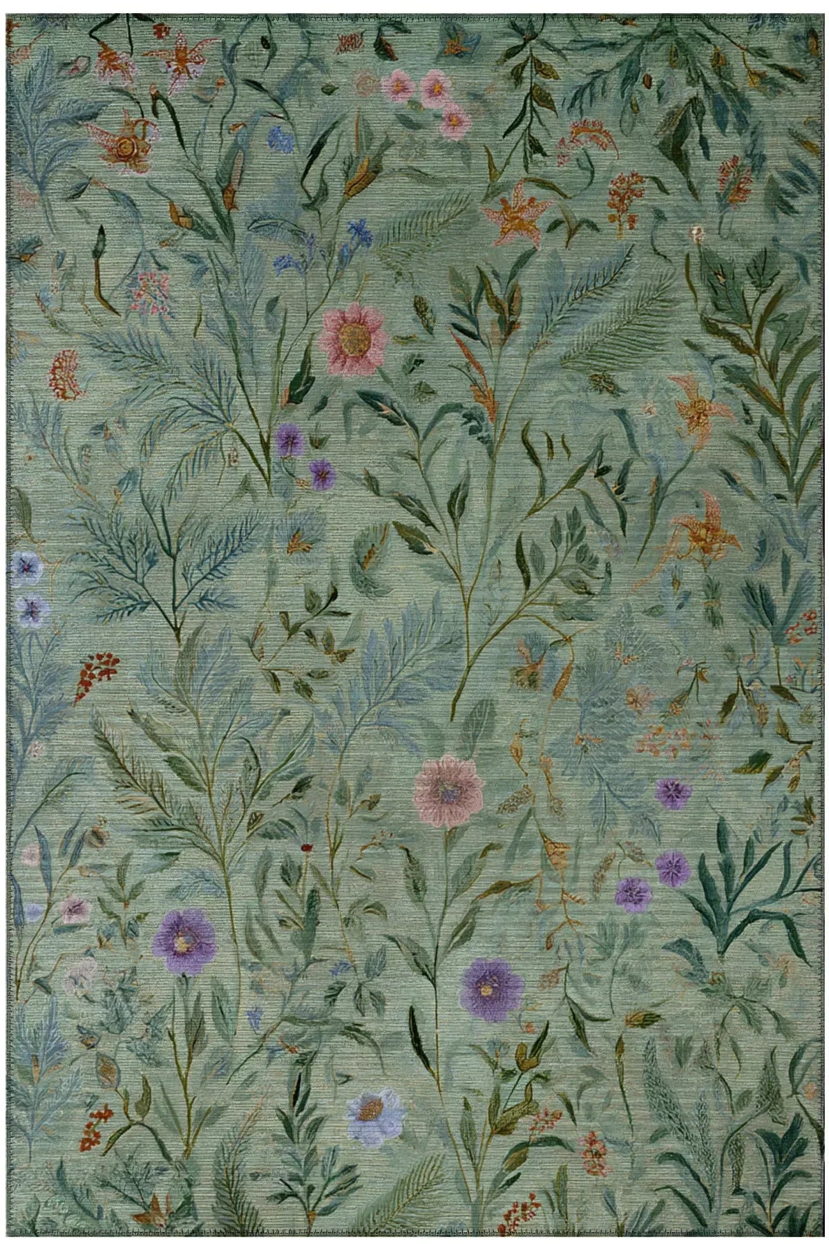 Garden 808 Yeşil Botanik Çiçekli Halı Yıkanabilir Dokuma Taban İnce Halı Oturma Odası Salon Halısı