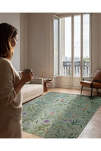 Garden 808 Yeşil Botanik Çiçekli Halı Yıkanabilir Dokuma Taban İnce Halı Oturma Odası Salon Halısı