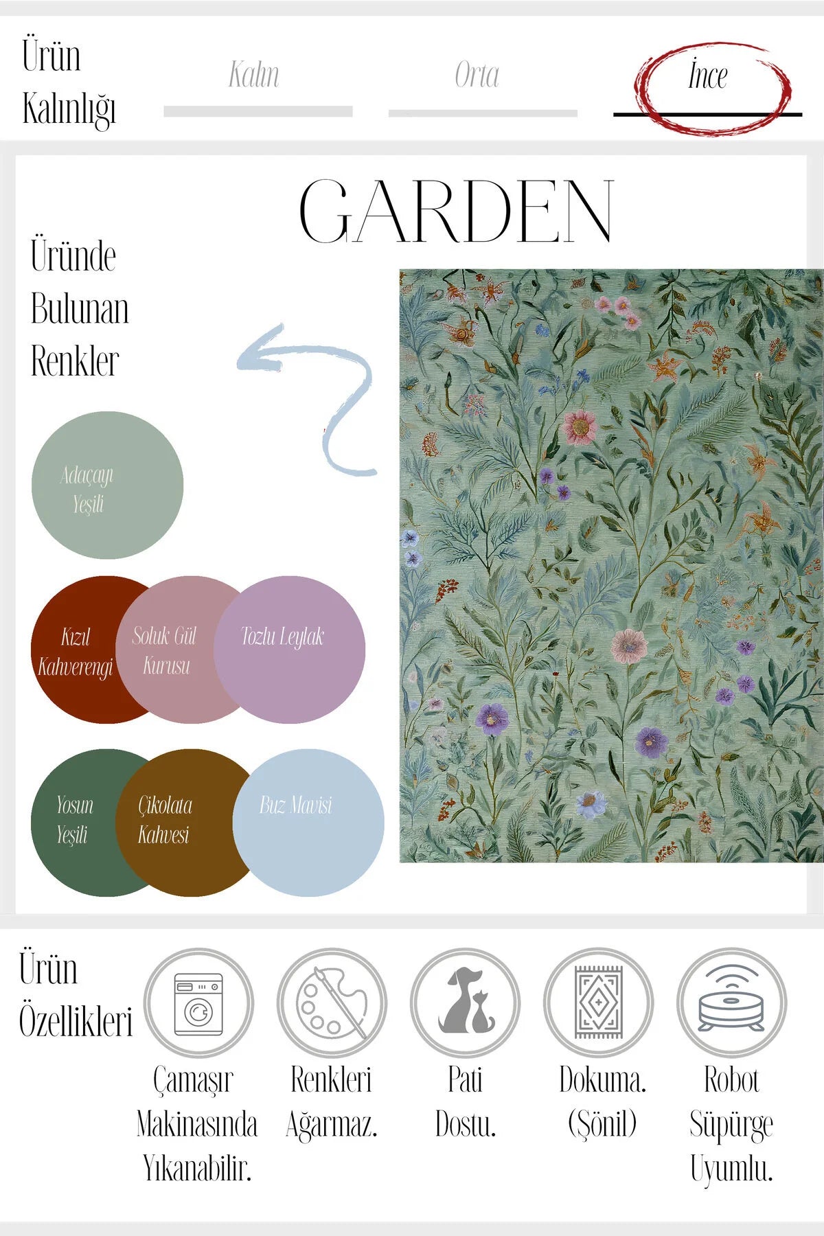 Garden 808 Yeşil Botanik Çiçekli Halı Yıkanabilir Dokuma Taban İnce Halı Oturma Odası Salon Halısı