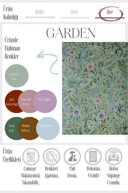 Garden 808 Yeşil Botanik Çiçekli Halı Yıkanabilir Dokuma Taban İnce Halı Oturma Odası Salon Halısı