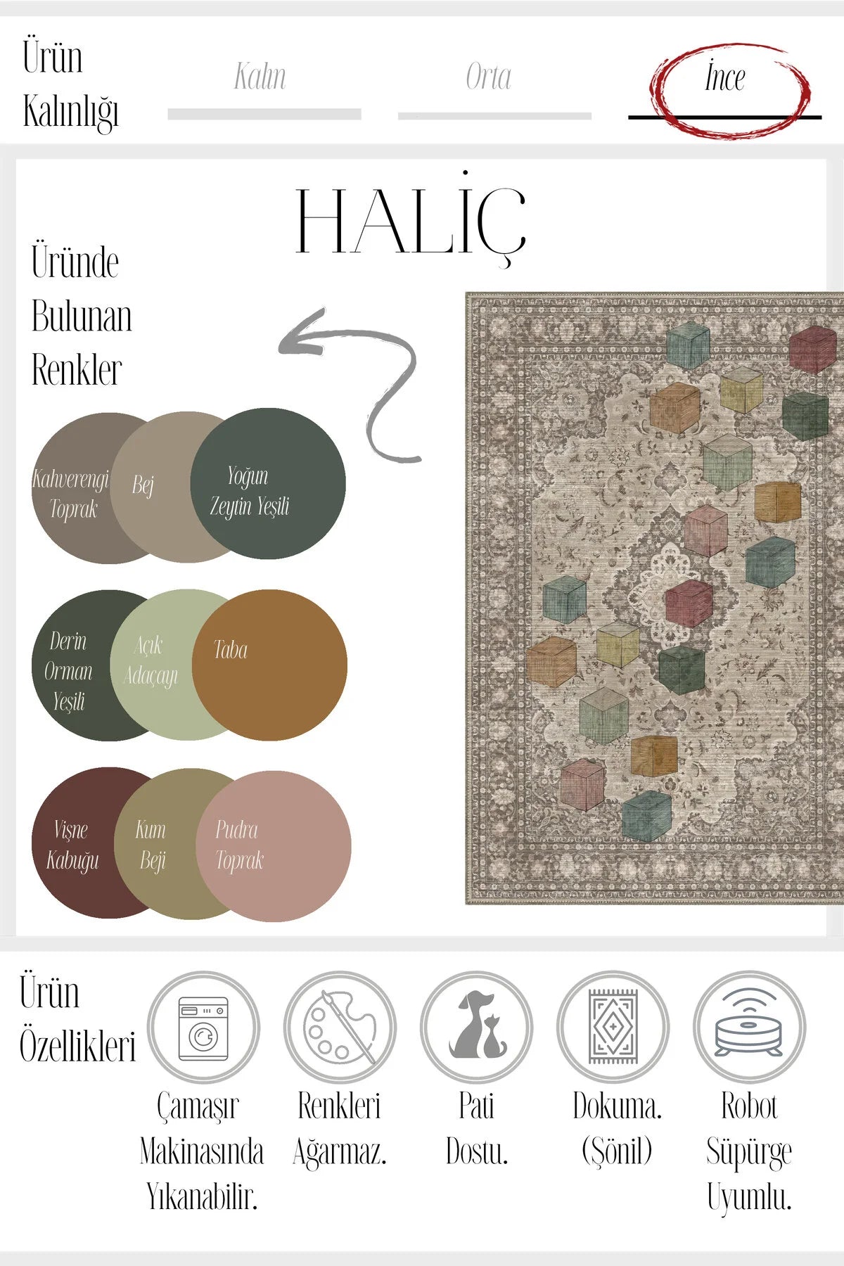 Haliç 303 Kahverengi Vintage Halı Tasarım Halı Yıkanabilir İnce Dokuma Salon Ev Oturma Odası Halısı