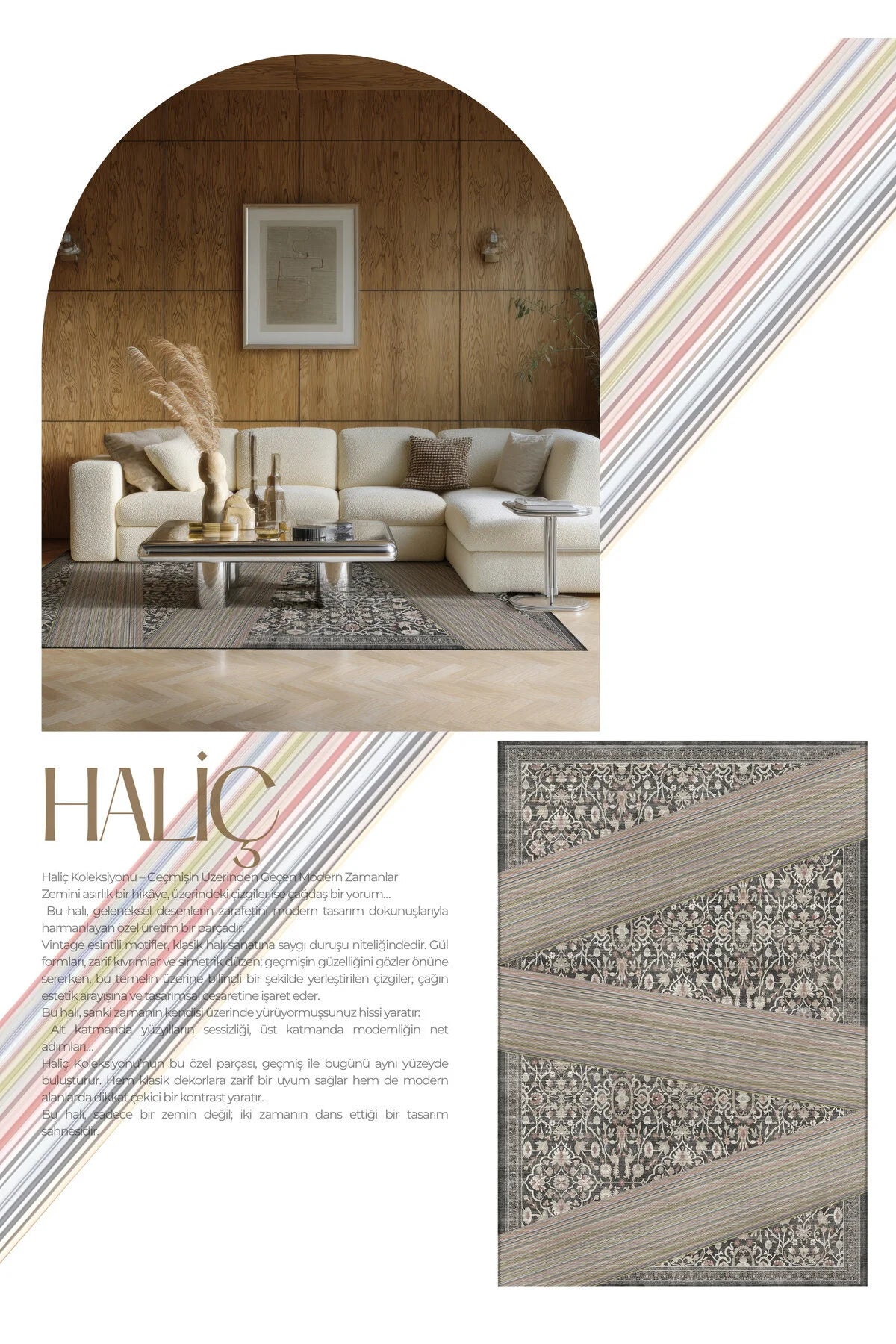 Haliç 302 Çizgili Halı Vintage Modern Halı İnce Halı Tasarım Halı Salon Halısı Koridor Halısı