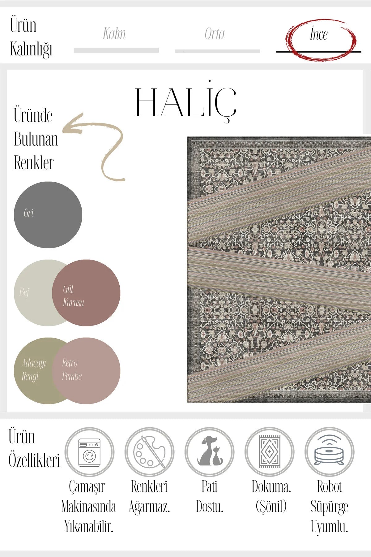 Haliç 302 Çizgili Halı Vintage Modern Halı İnce Halı Tasarım Halı Salon Halısı Koridor Halısı