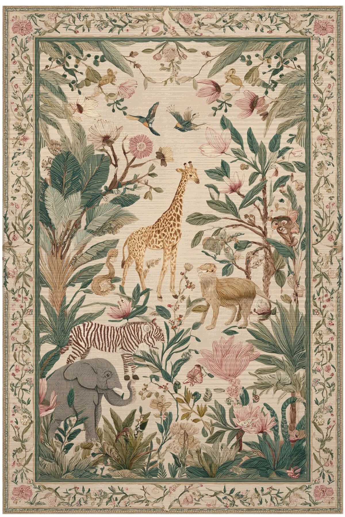 Safari 113 Bej Renkli Çiçekli Botanik Tasarım Halı Yıkanabilir İnce Oturma Odası Salon Halısı