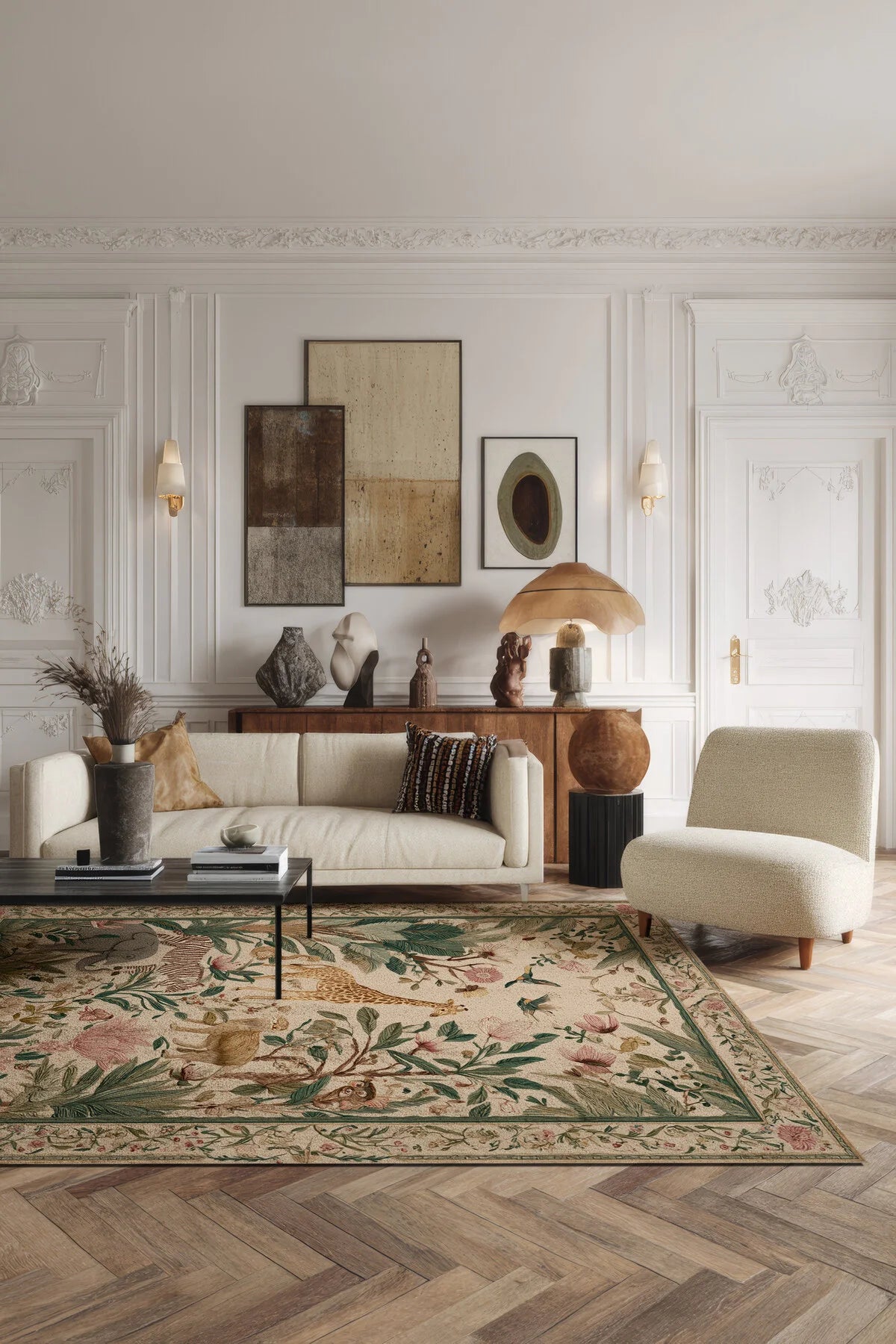 Safari 113 Bej Renkli Çiçekli Botanik Tasarım Halı Yıkanabilir İnce Oturma Odası Salon Halısı