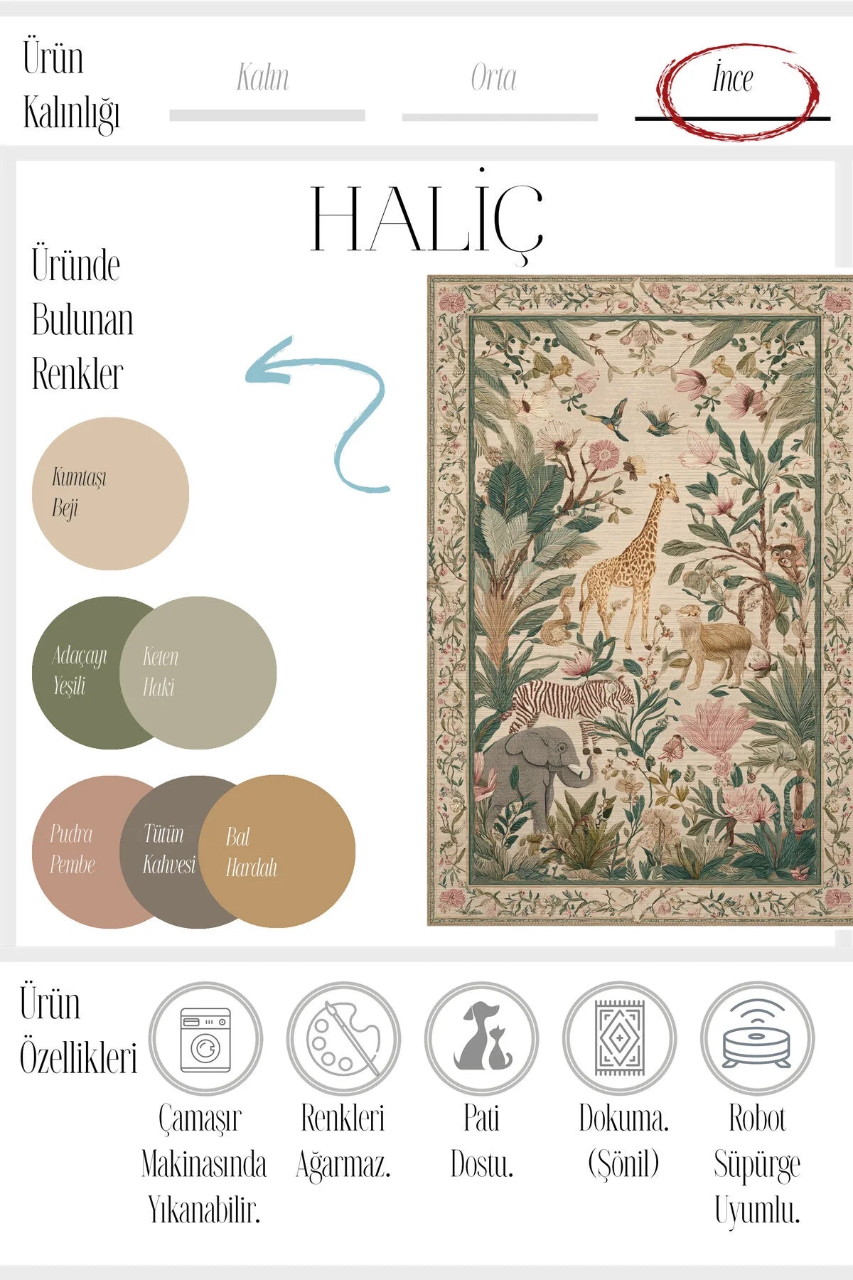 Safari 113 Bej Renkli Çiçekli Botanik Tasarım Halı Yıkanabilir İnce Oturma Odası Salon Halısı