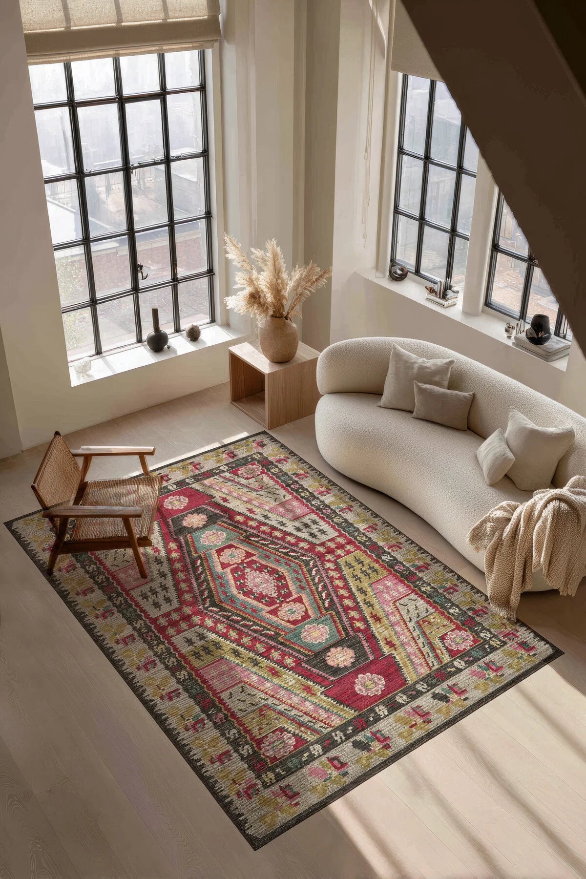 Mihrimah 502 Renkli Etnik Halı Vintage Halı Yıkanabilir İnce Dokuma Salon Ev Oturma Odası Halısı