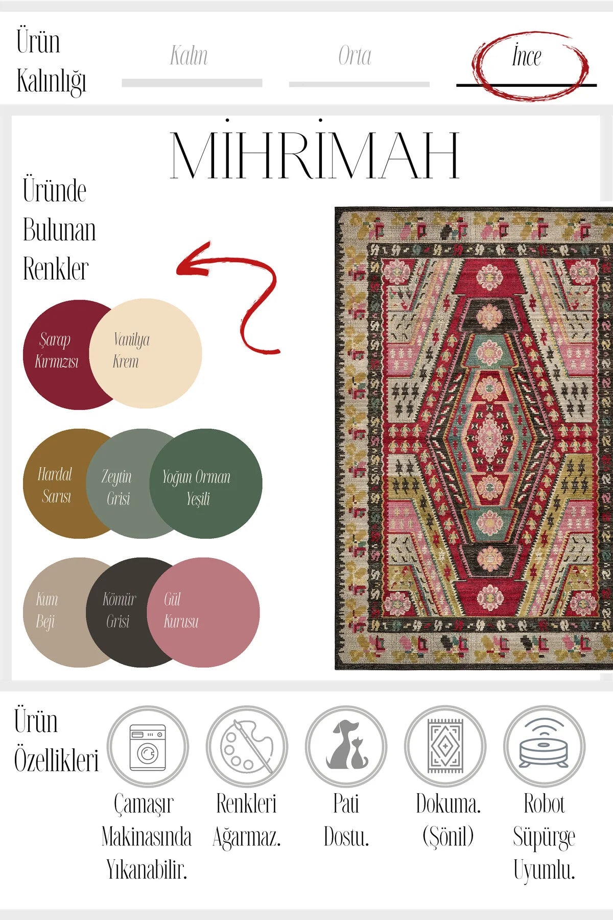 Mihrimah 502 Renkli Etnik Halı Vintage Halı Yıkanabilir İnce Dokuma Salon Ev Oturma Odası Halısı