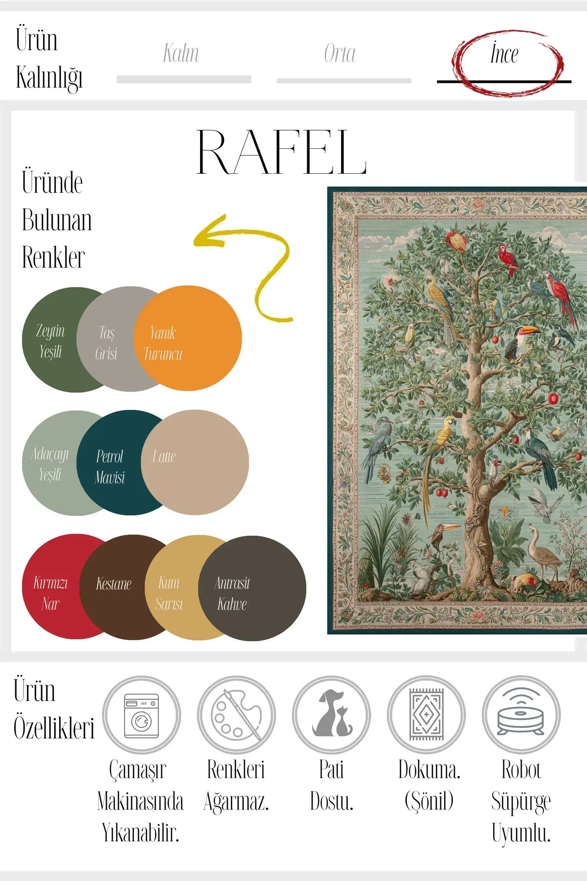 Rafel 900 Ağaç Botanik Çiçekli Halı Yıkanabilir İnce Dokuma Taban Yolluk Salon Oturma Odası Halısı