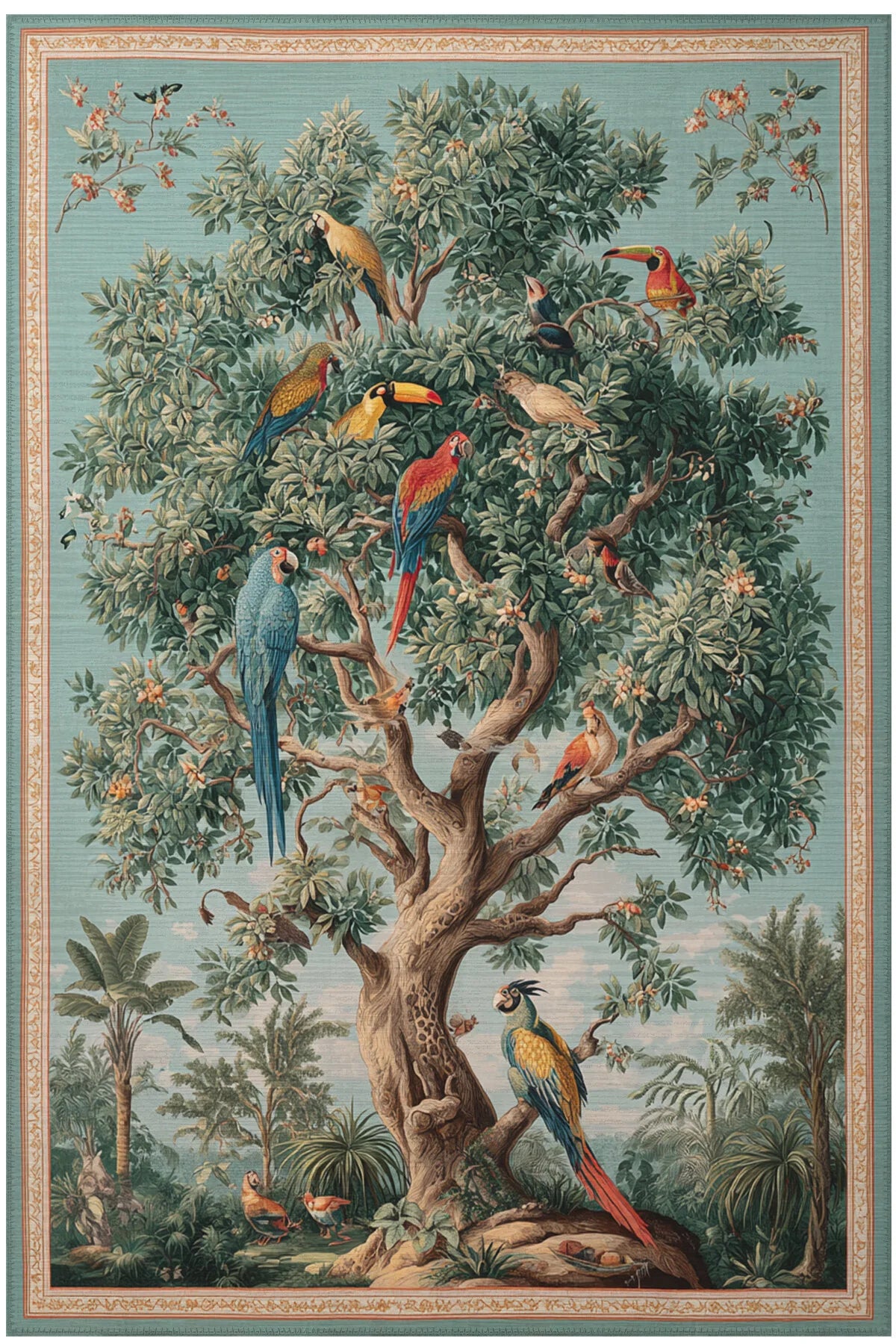 Rafel 901 Mavi Yeşil Ağaç Çiçekli Halı Yıkanabilir İnce Dokuma Yolluk Salon Oturma Odası Halısı