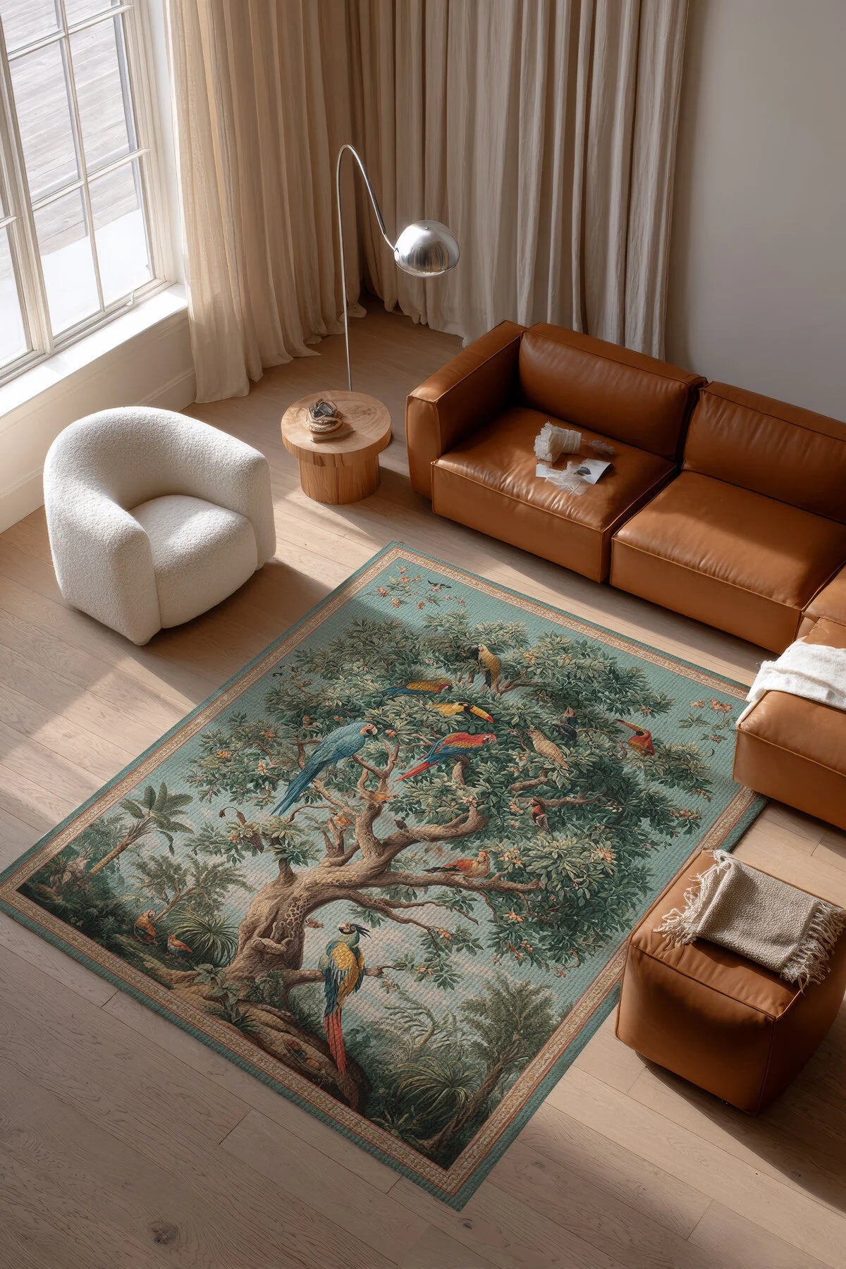 Rafel 901 Mavi Yeşil Ağaç Çiçekli Halı Yıkanabilir İnce Dokuma Yolluk Salon Oturma Odası Halısı