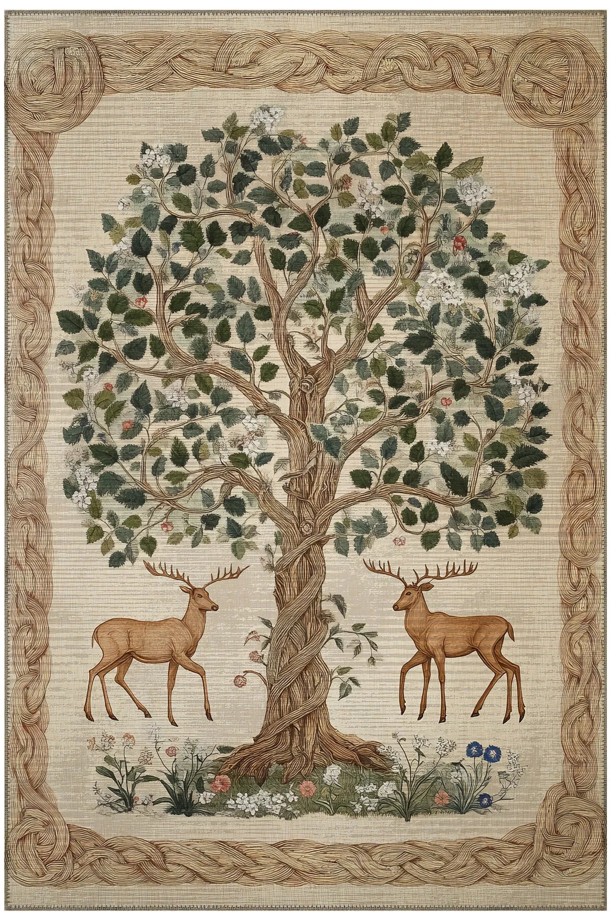 Safari 110 Geyik Ağaç Tasarım Botanik Tasarım Halı Modern Oturma Odası İnce Yazlık Oda Salon Halısı