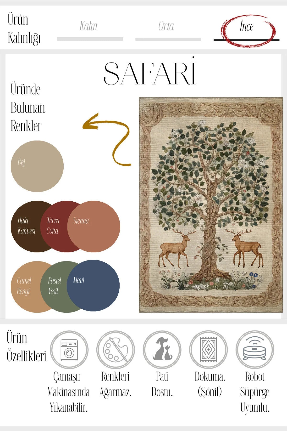 Safari 110 Geyik Ağaç Tasarım Botanik Tasarım Halı Modern Oturma Odası İnce Yazlık Oda Salon Halısı