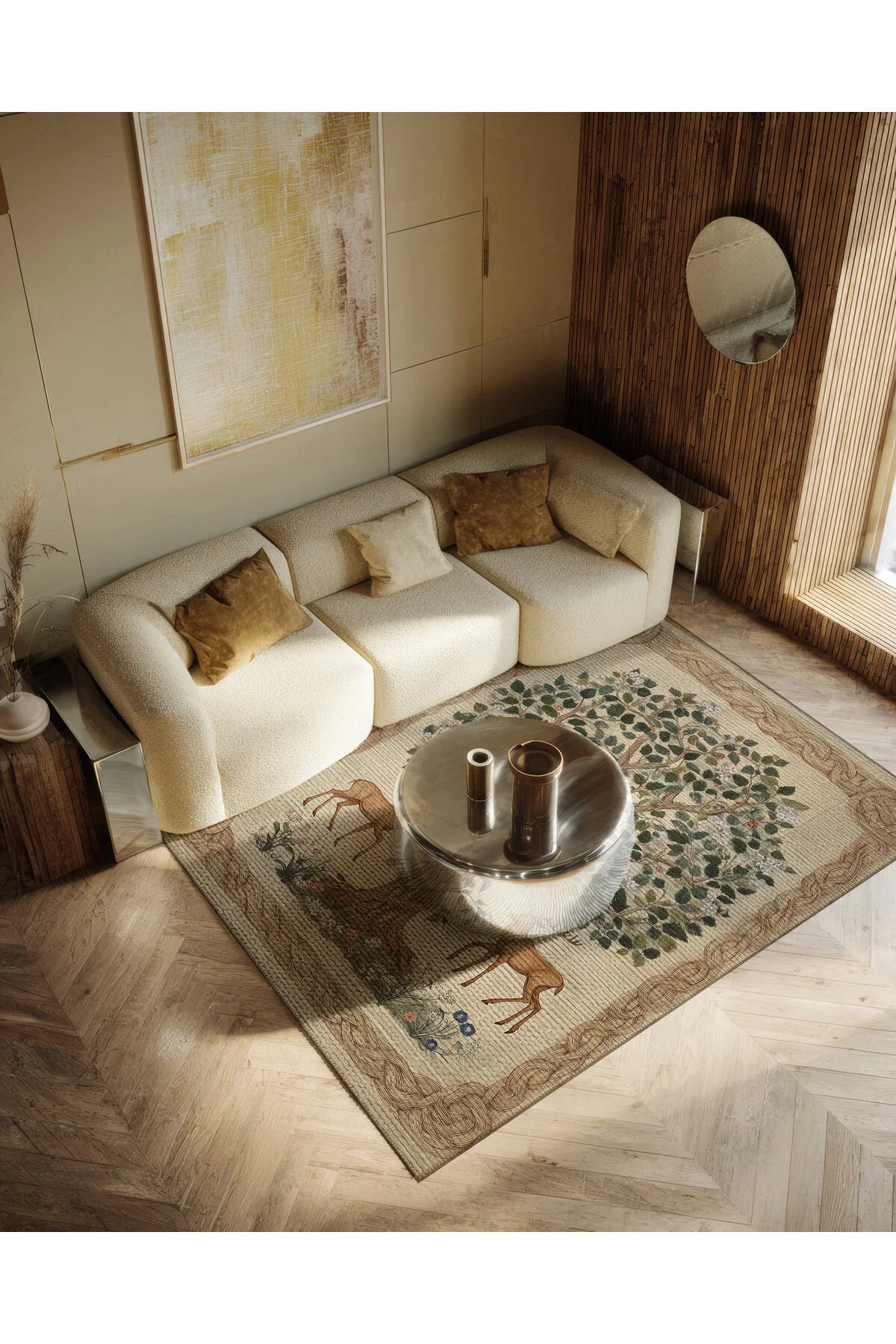 Safari 110 Geyik Ağaç Tasarım Botanik Tasarım Halı Modern Oturma Odası İnce Yazlık Oda Salon Halısı