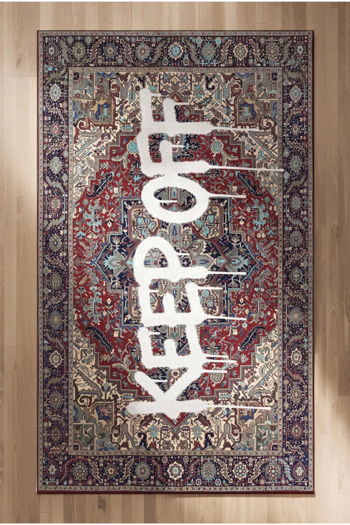 Deira 03 Bordo Vintage Eskitme Keep Off Yazılı Etnik Motifli Renkli İnce Antre Ofis Ev Oda Halısı