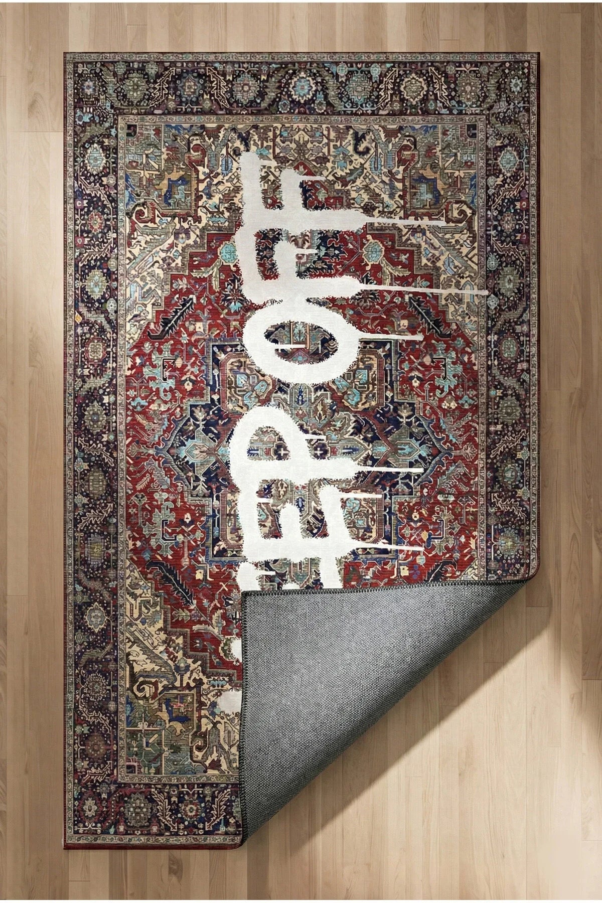 Deira 03 Bordo Vintage Eskitme Keep Off Yazılı Etnik Motifli Renkli İnce Antre Ofis Ev Oda Halısı