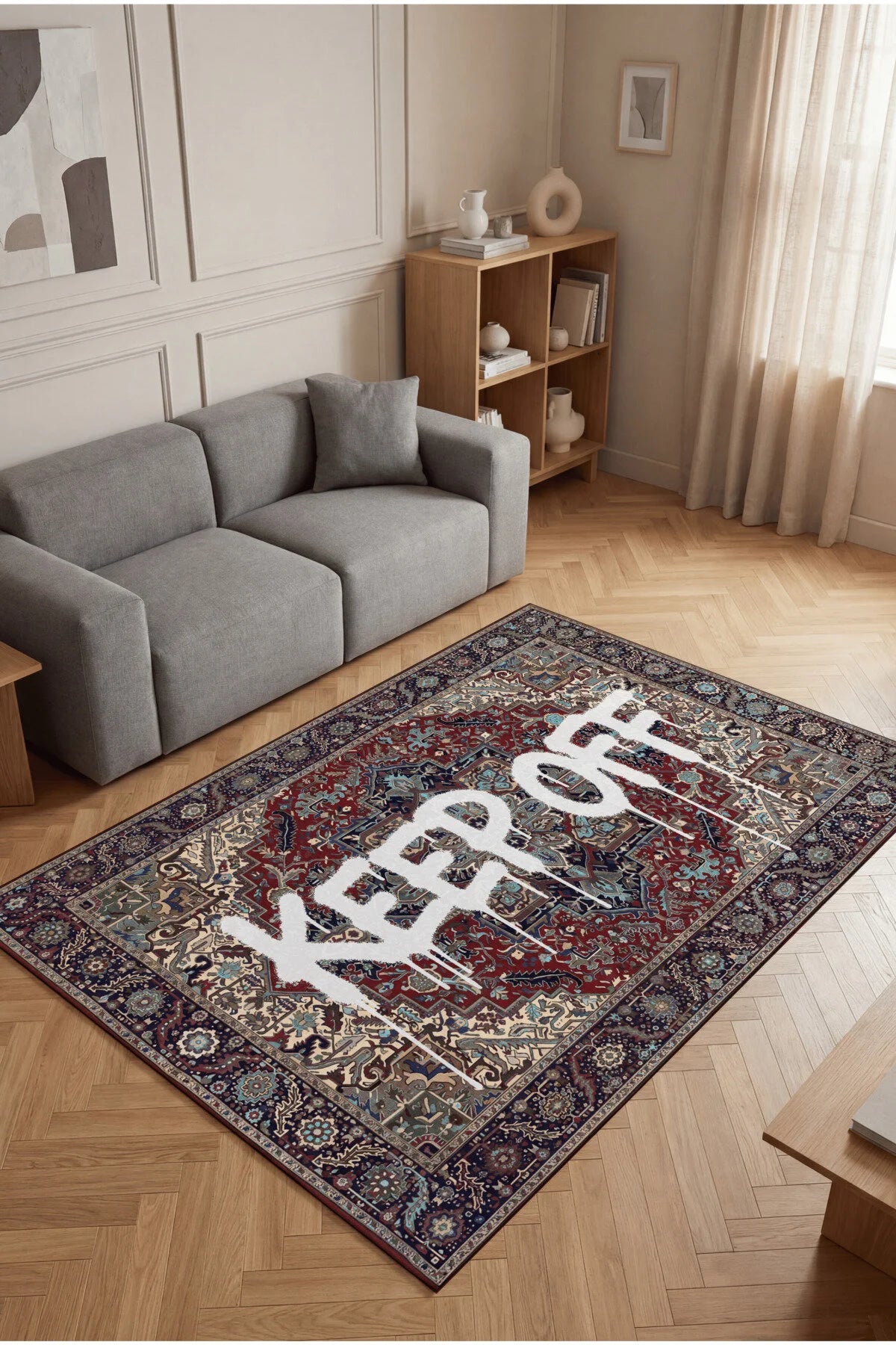 Deira 03 Bordo Vintage Eskitme Keep Off Yazılı Etnik Motifli Renkli İnce Antre Ofis Ev Oda Halısı