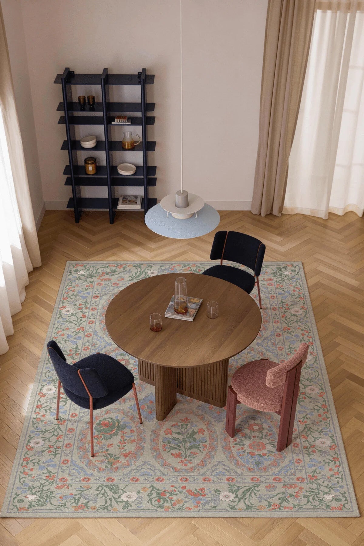 Floris 235 Bej Yeşil Mavi Çiçekli Bordürlü Eskitme Desenli Dokuma Şönil Bohem Vintage Oda Halısı