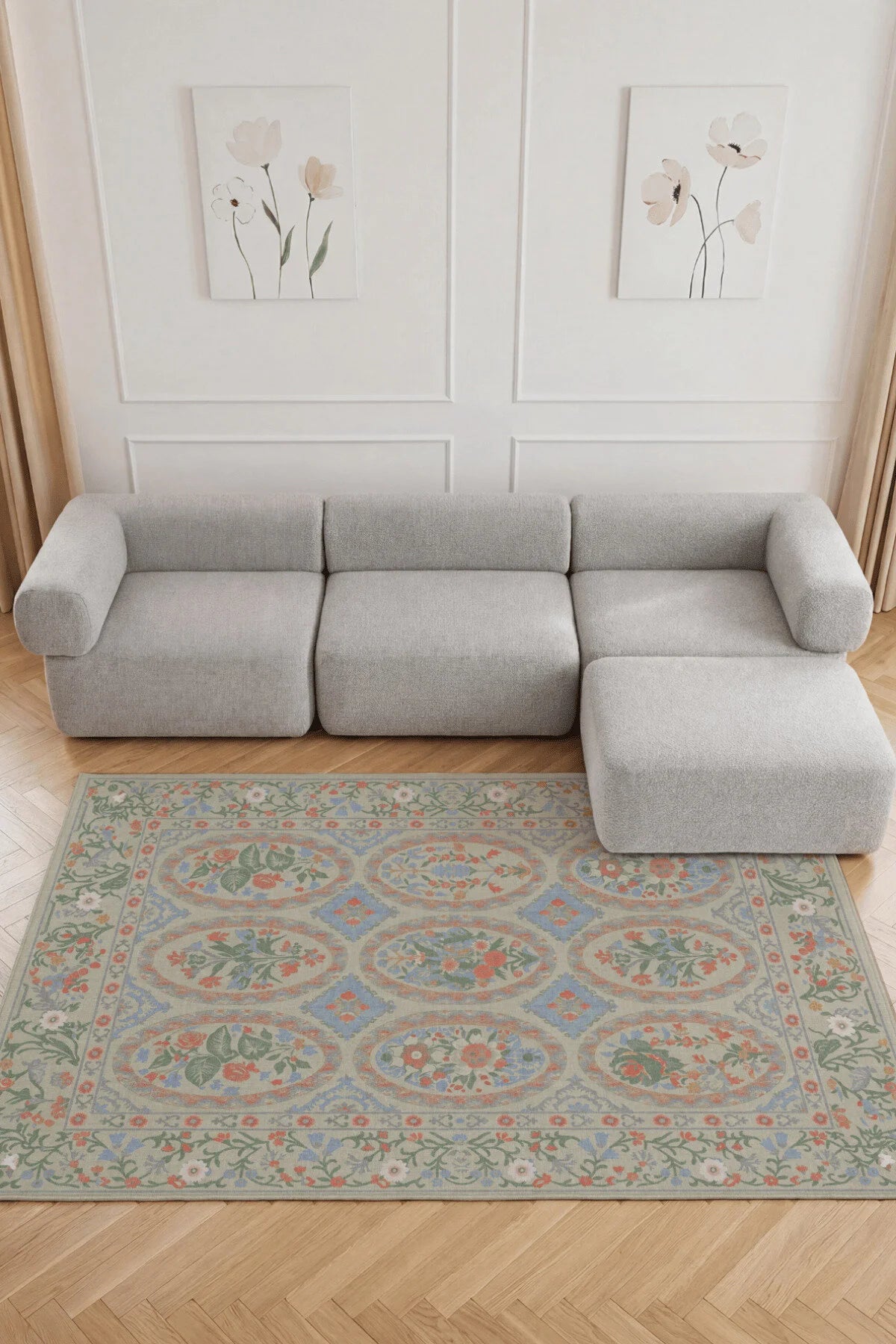 Floris 235 Bej Yeşil Mavi Çiçekli Bordürlü Eskitme Desenli Dokuma Şönil Bohem Vintage Oda Halısı